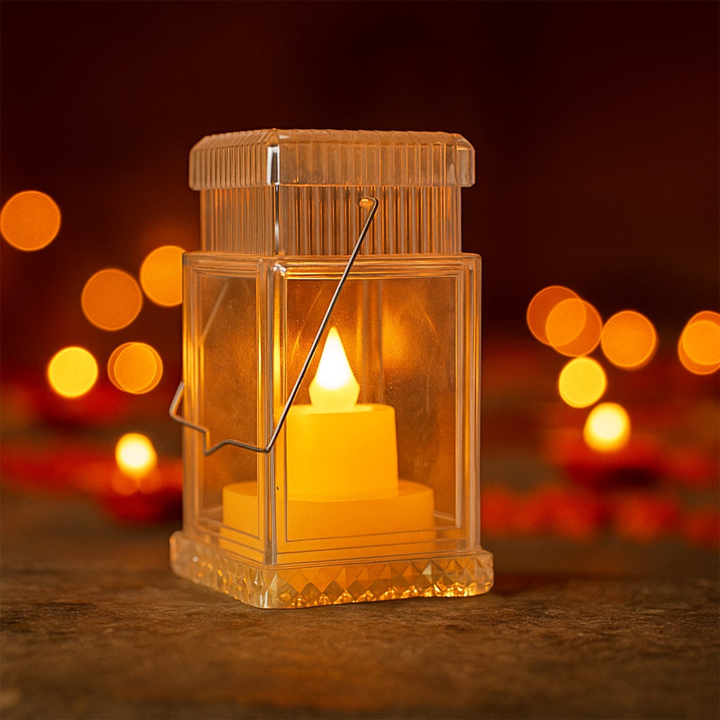 Decorative candle set with flameless LED tealights in transparent lanterns