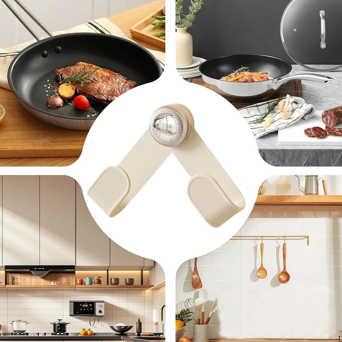 A central cream-colored pot lid holder is surrounded by four kitchen scenes, including frying pans and utensils.
