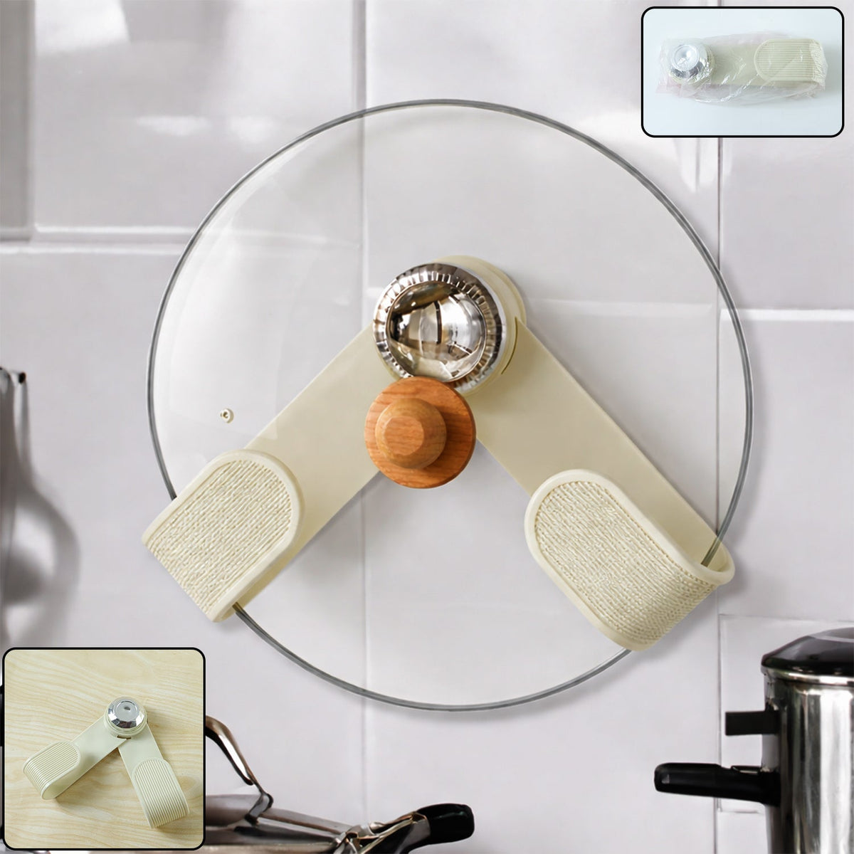 A cream-colored, adjustable pot lid holder with a wooden knob and chrome accent holds a clear glass lid on a white tiled