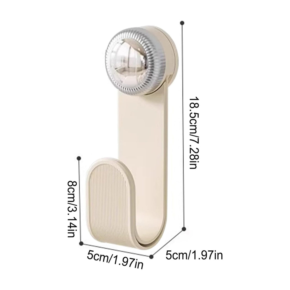A cream-colored hook with a chrome top is shown with its dimensions labeled in centimeters and inches against a white