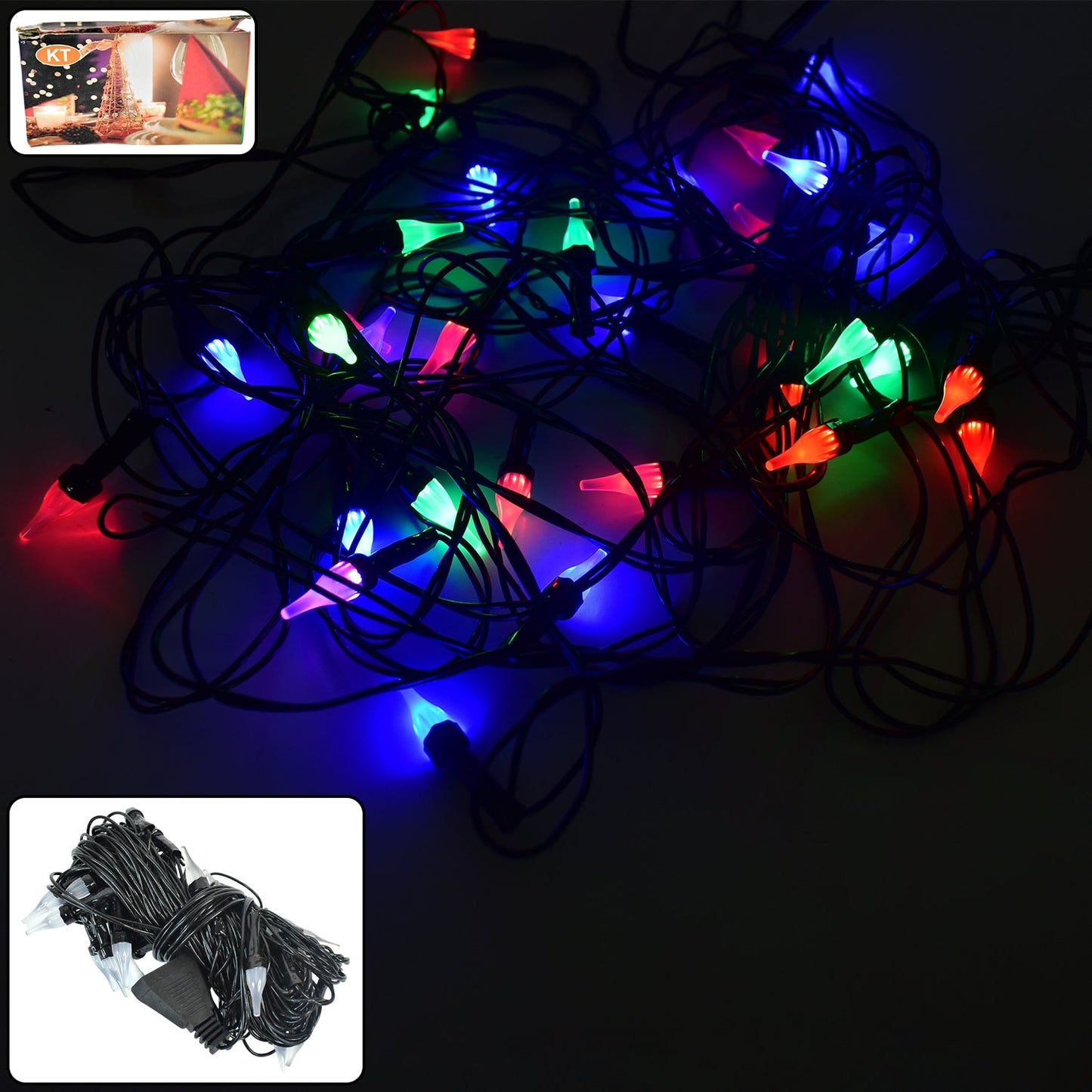 8 meter multi-color LED fairy string lights glowing brightly indoors