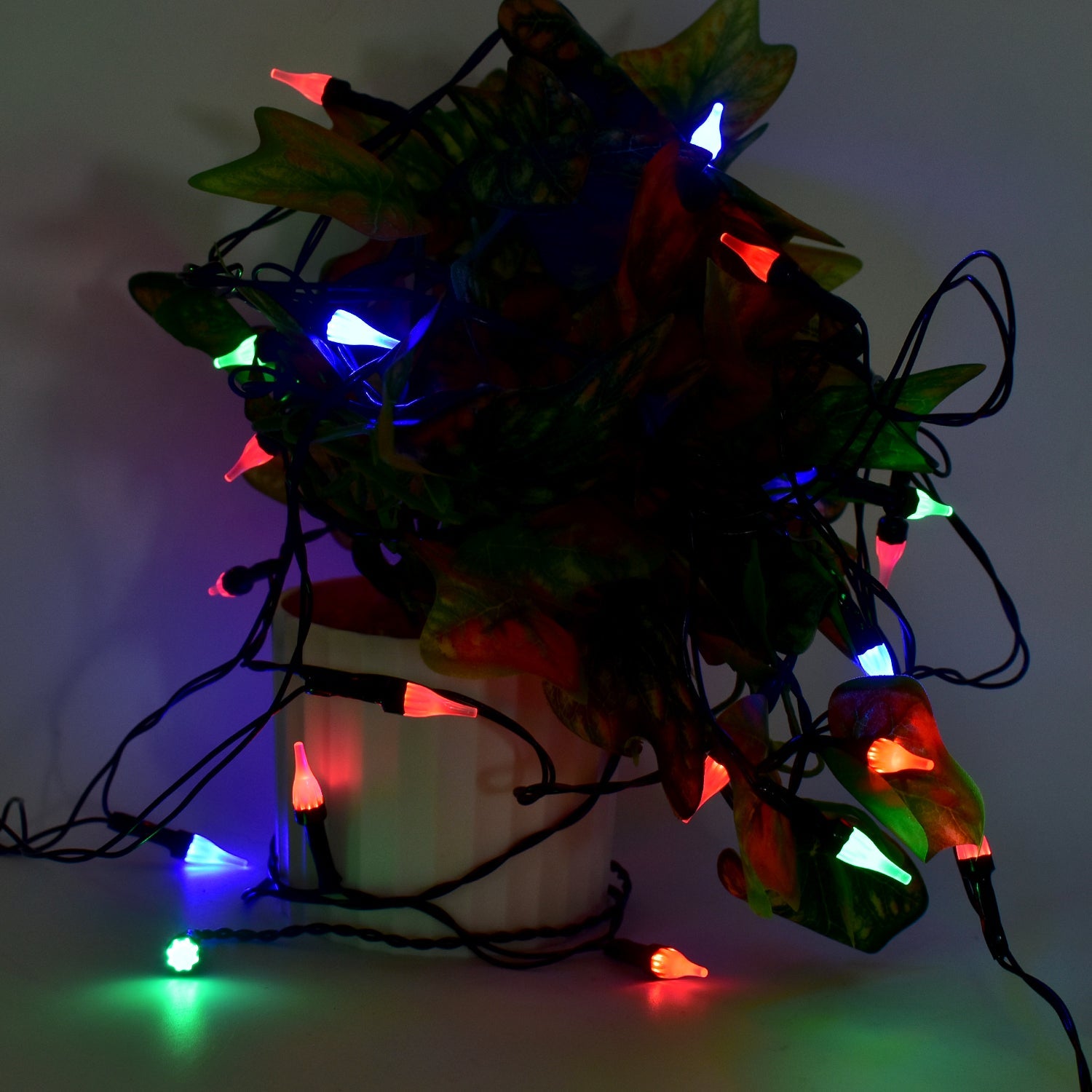 Multi-color decorative LED string light showcasing bright bulbs