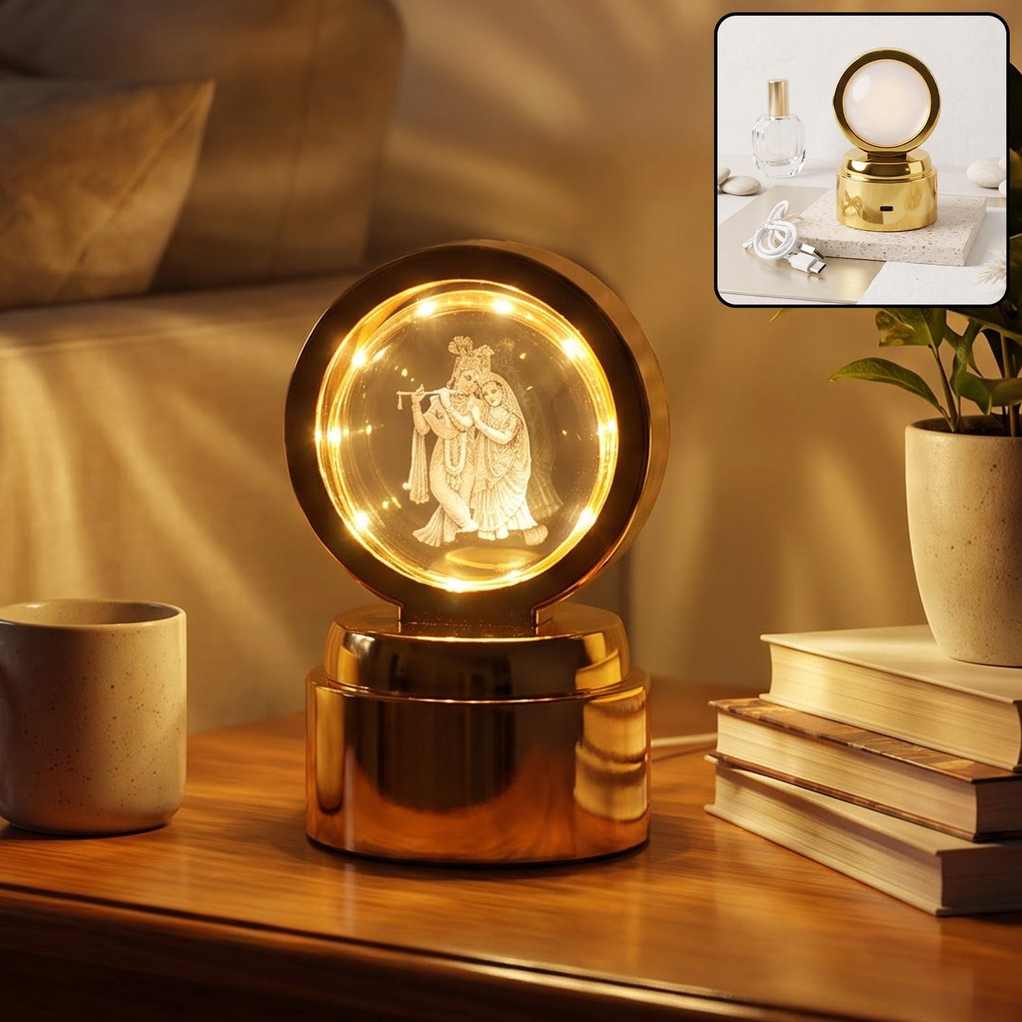 A golden Radhe Krishna 3D Crystal Ball LED Table Showpiece with an illuminated crystal ball showing Radhe Krishna, on a