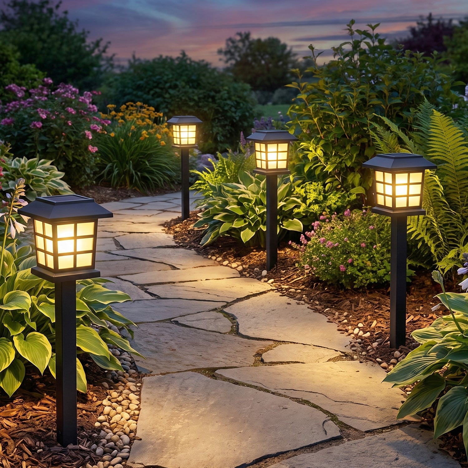 Four black solar lanterns cast a warm glow along a stone path in a vibrant, green garden at twilight.