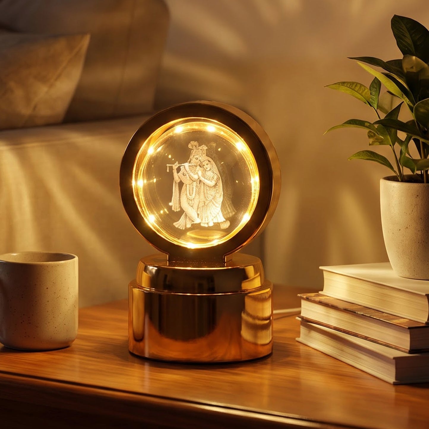 A golden Radhe Krishna 3D Crystal Ball LED Table Showpiece with an illuminated crystal ball, on a wooden table with a plant.