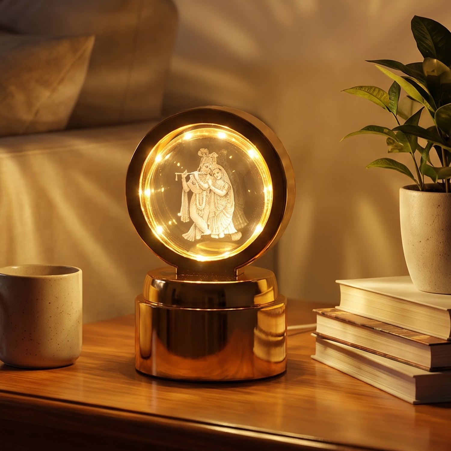 A golden Radhe Krishna 3D Crystal Ball LED Table Showpiece with an illuminated crystal ball, on a wooden table with a plant.