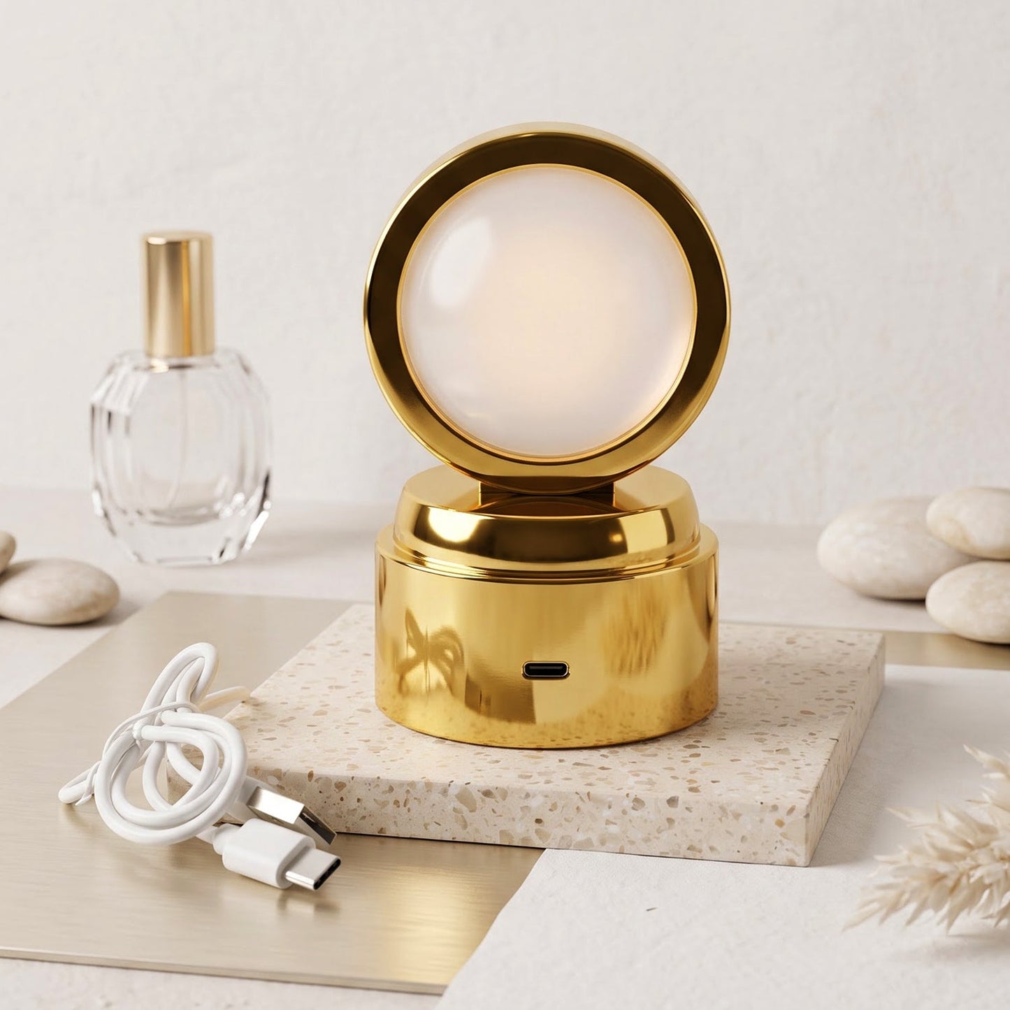 A golden 3D Crystal Ball LED Table Showpiece with a white opaque ball, a clear perfume bottle, and a white charging cable.