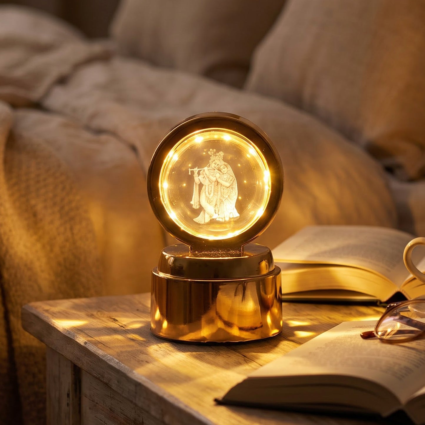 A golden Radhe Krishna 3D Crystal Ball LED Table Showpiece with an illuminated crystal ball, on a wooden table with open