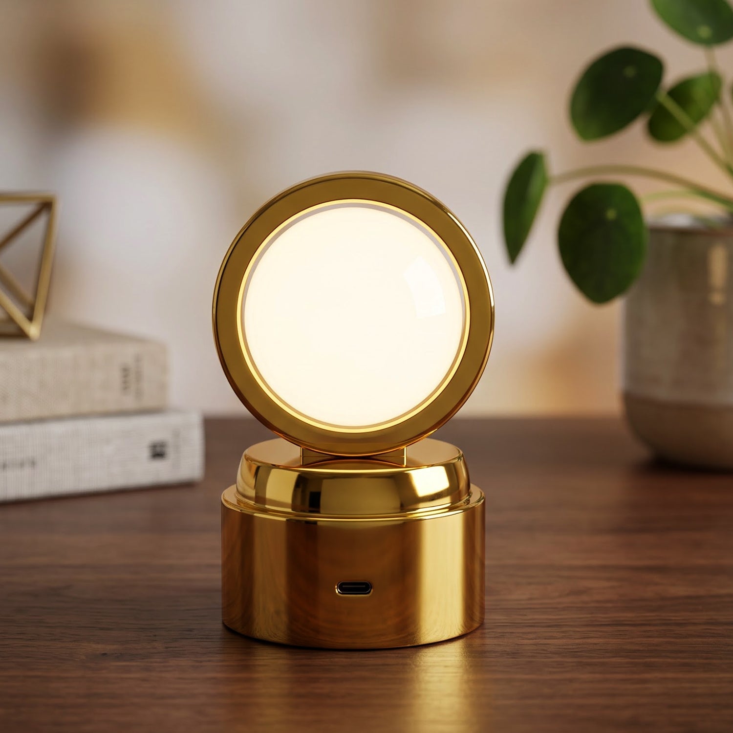 A golden 3D Crystal Ball LED Table Showpiece with a white opaque ball, on a wooden table with a plant in the background.
