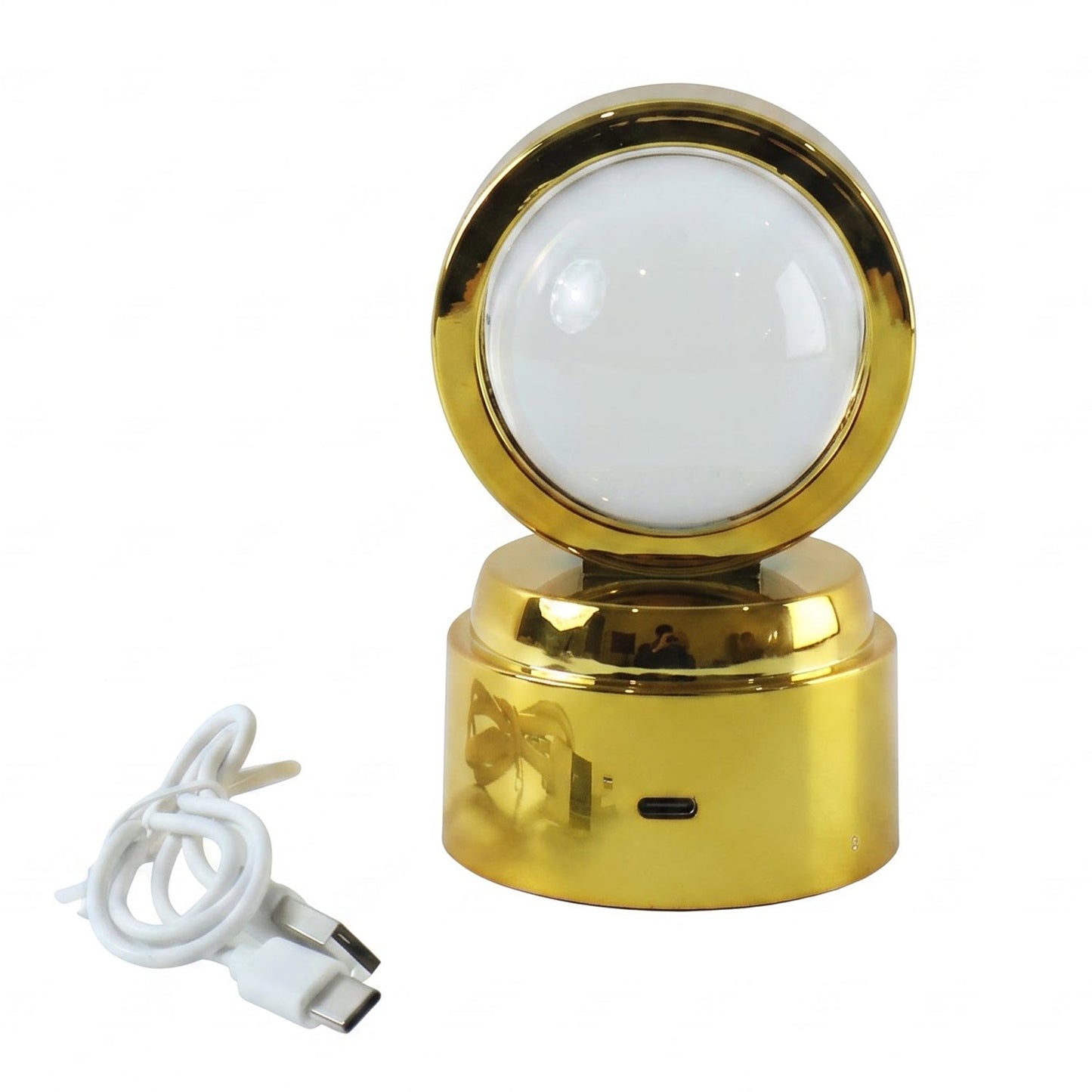 A golden 3D Crystal Ball LED Table Showpiece with a white opaque ball and a white charging cable on a white background.