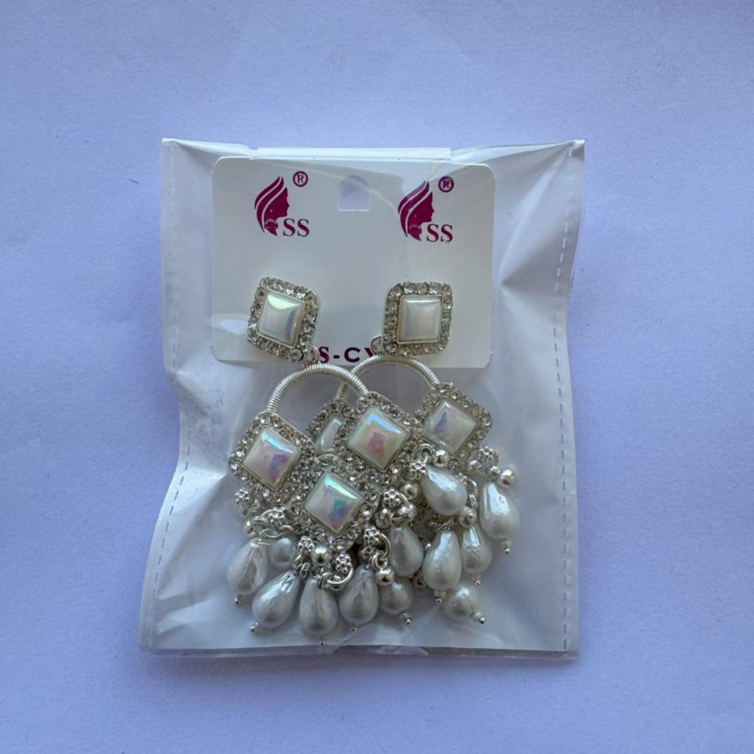 Elegant Silver Plated Chandelier Earrings Featuring Square Crystals and White Teardrop Beads