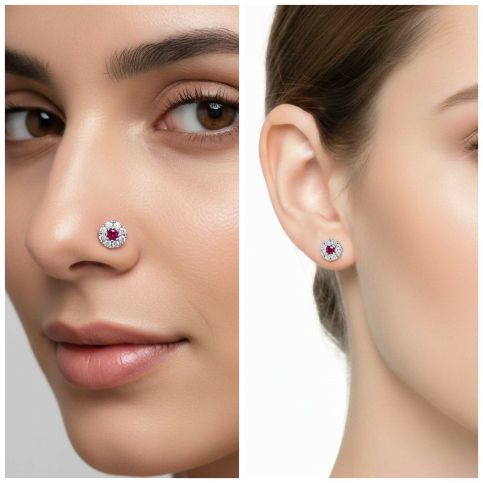 Ruby Floral Halo Nose Pin Silver plated Labret Stud Piercing for women and girls