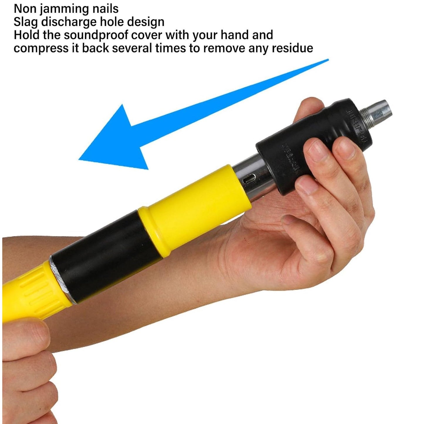 Close-up of hands demonstrating how to compress the soundproof cover of the yellow and black nail gun.