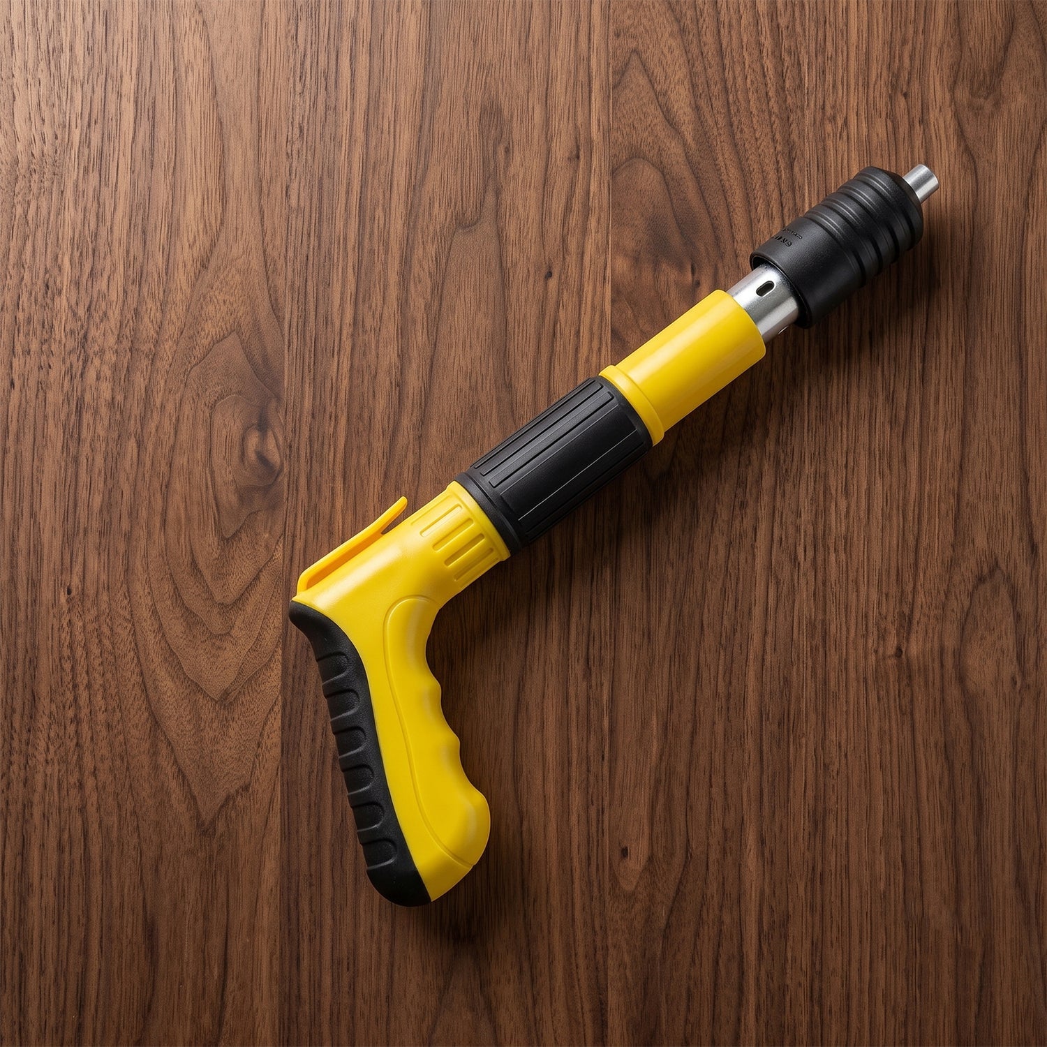 Yellow and black manual nail gun with a textured grip, lying diagonally on a dark wooden surface.