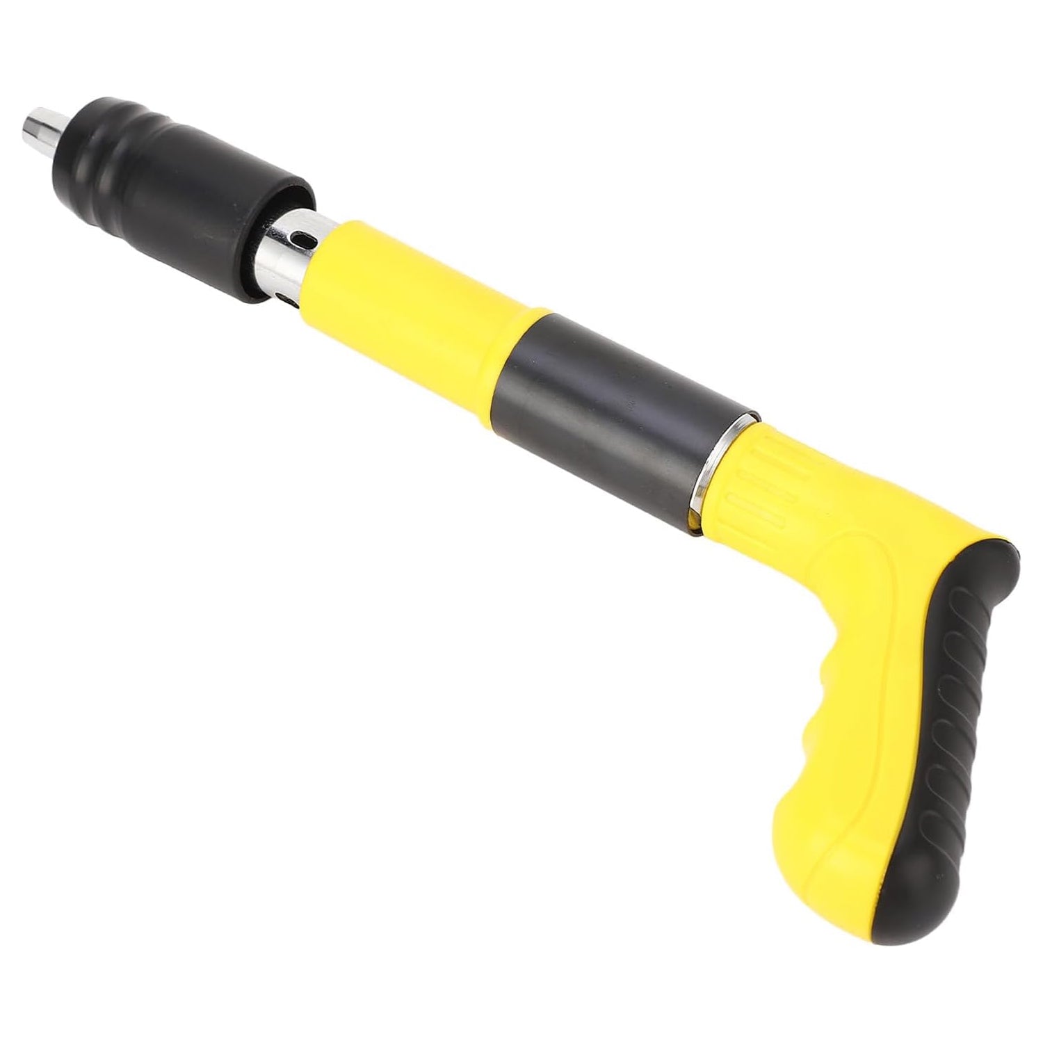 Yellow and black manual nail gun with a textured handle, shown at an angle on a white background.