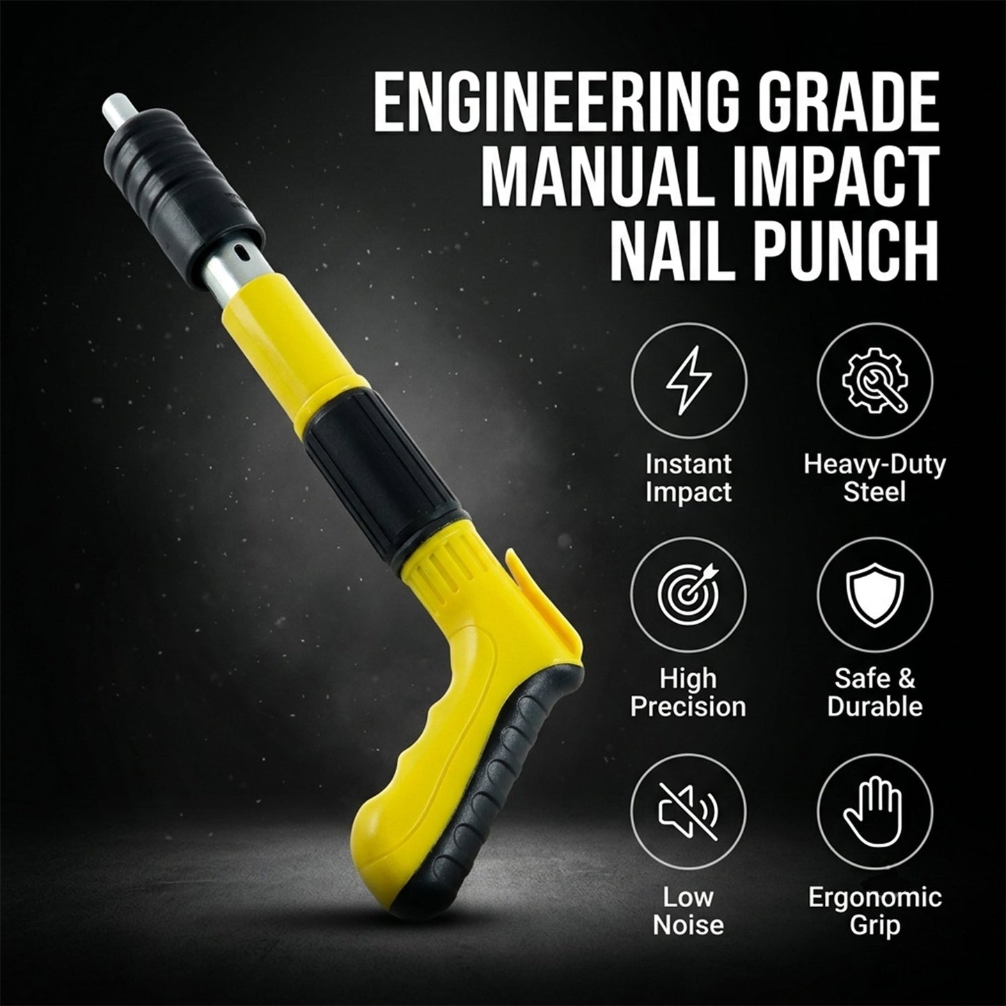 Yellow and black manual nail gun with text "ENGINEERING GRADE MANUAL IMPACT NAIL PUNCH" and six feature icons.