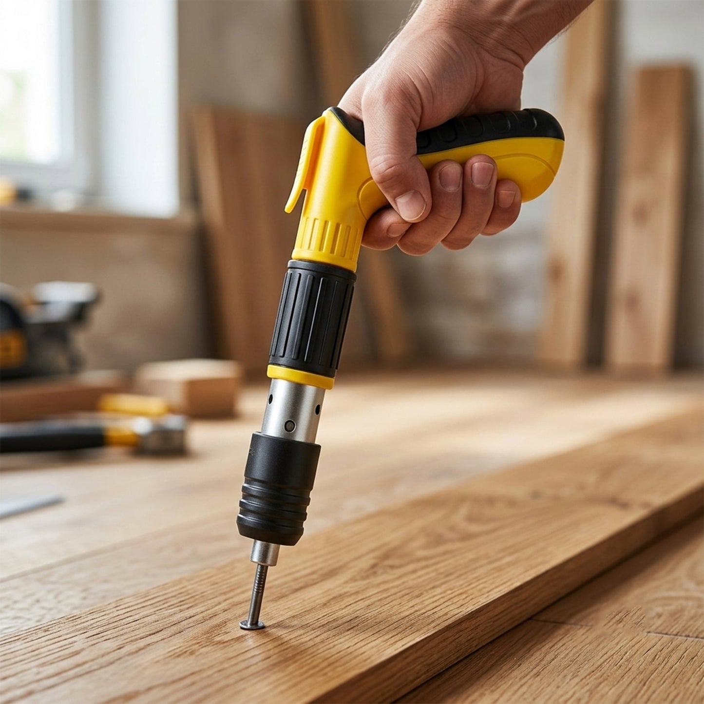 A hand holding the yellow and black manual nail gun, driving a nail into a light brown wooden plank.