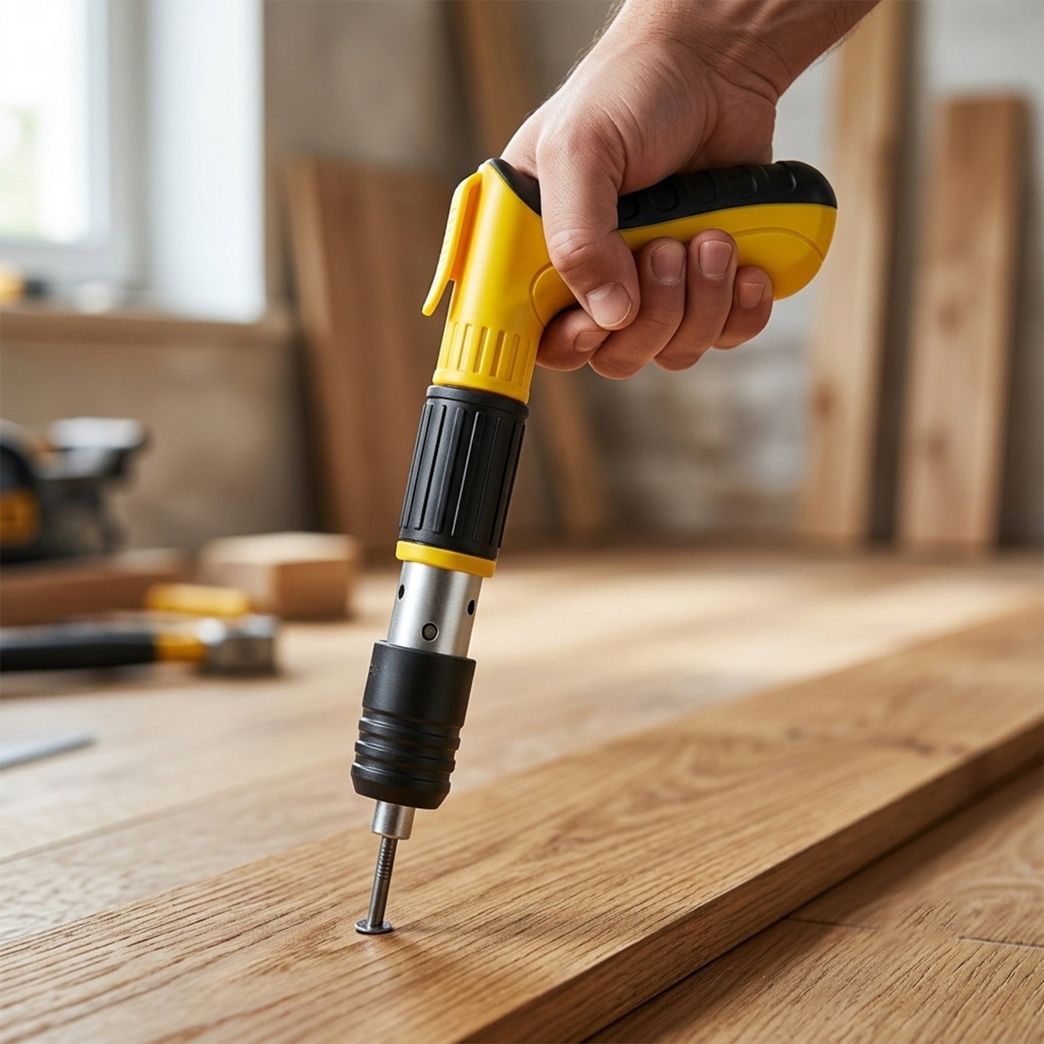 A hand holding the yellow and black manual nail gun, driving a nail into a light brown wooden plank.