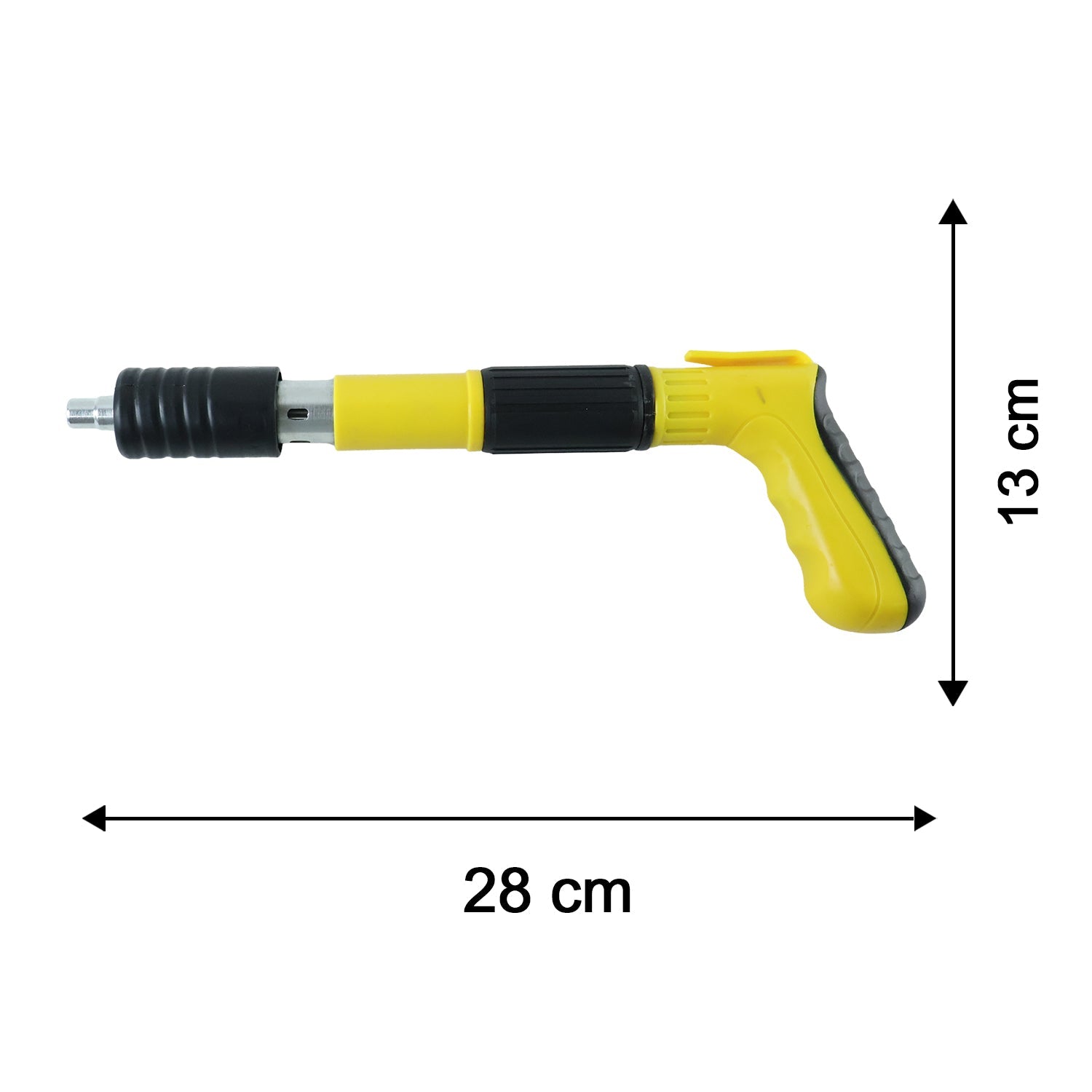 Side view of the yellow and black manual nail gun with dimensions: 28 cm length and 13 cm height.