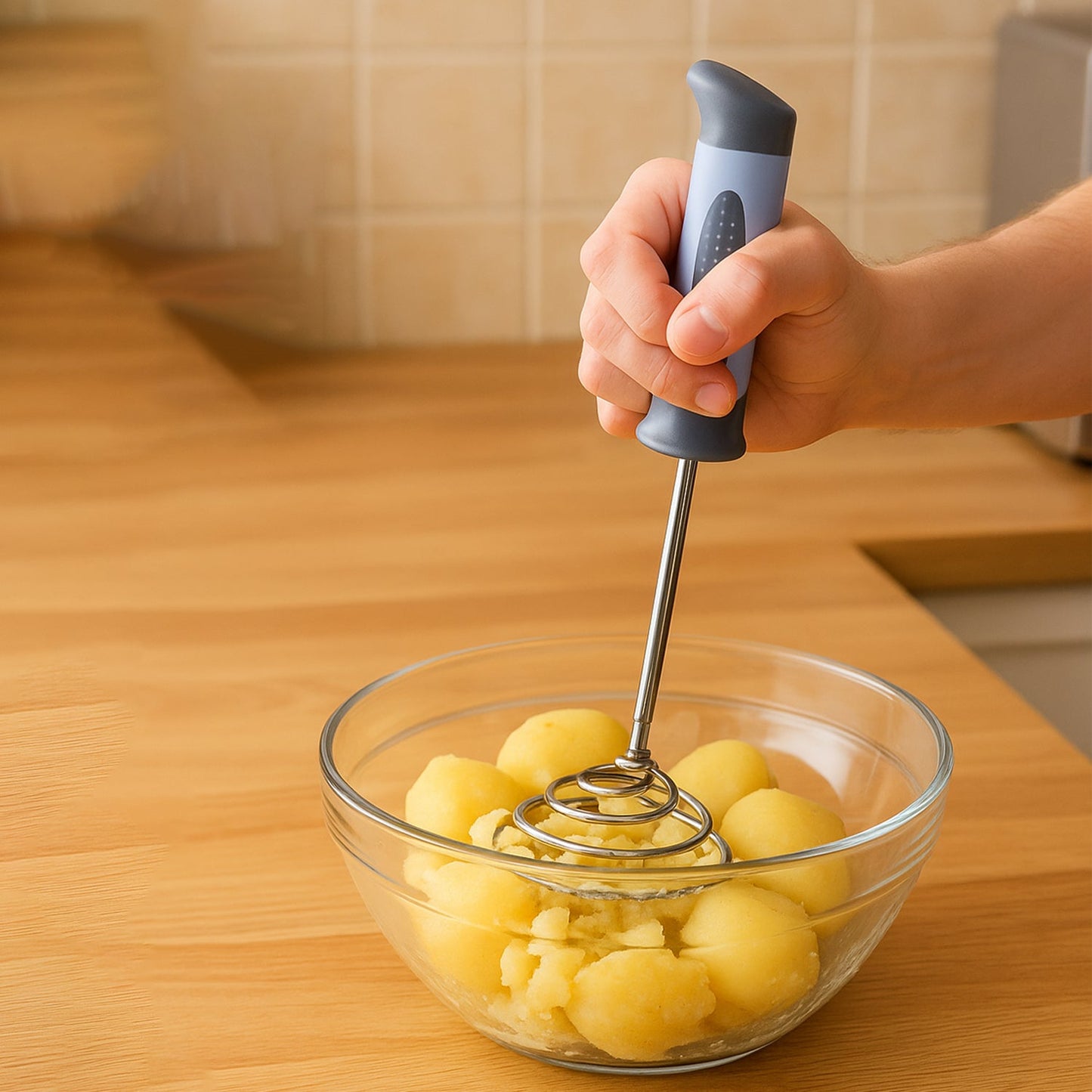 Close view of stainless steel potato masher spring and handle