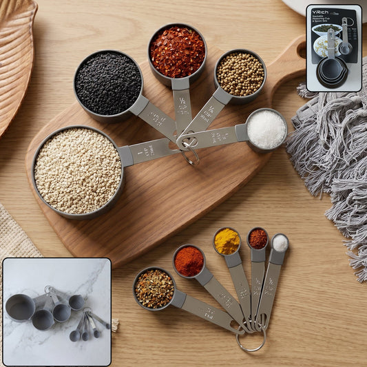 Plastic measuring cups and spoons set showing clear measurement markings