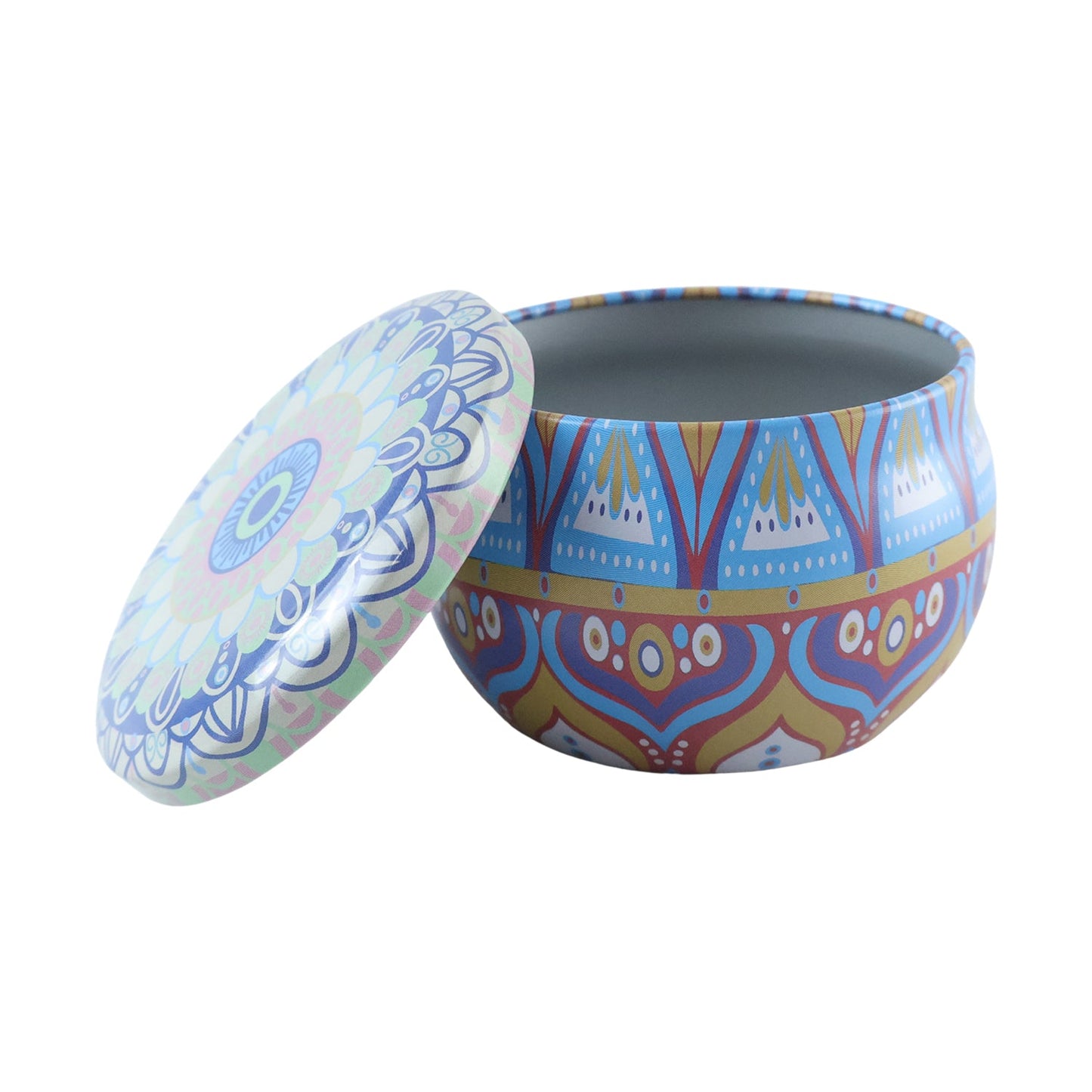 A vibrant blue and orange mandala tin box with its lid partially open, set against a plain white background.