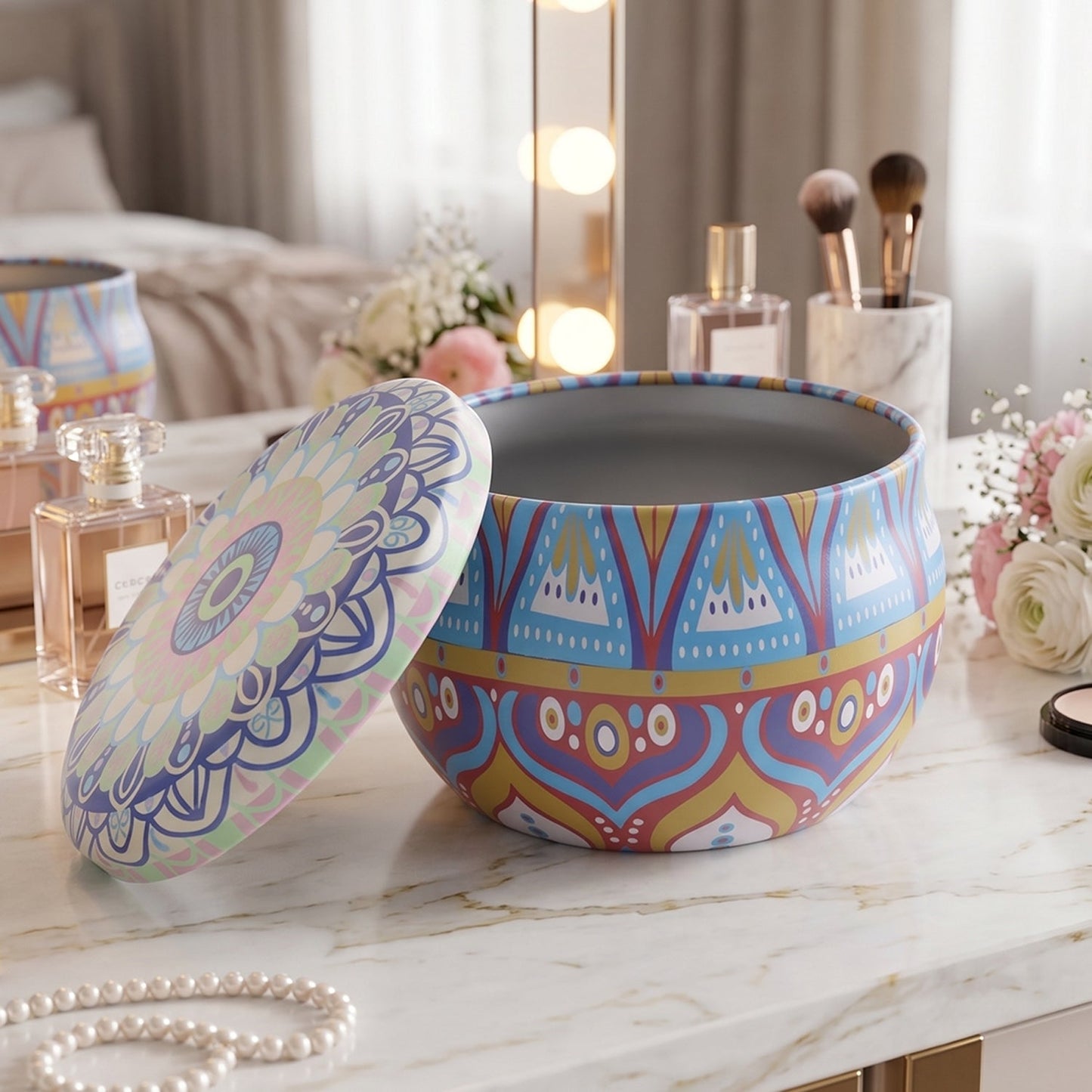 An open blue and orange mandala tin box with its lid next to it, on a marble vanity with perfumes and brushes.