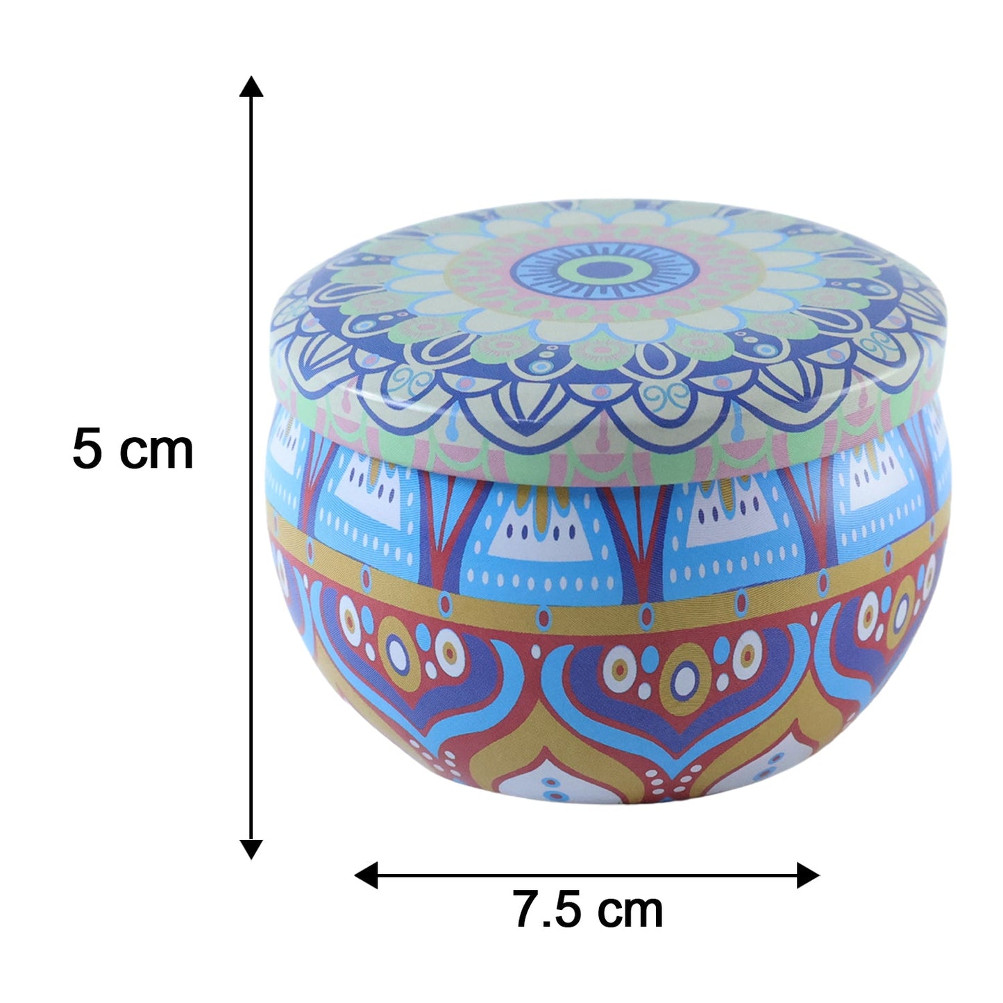 A closed round mandala tin box, blue and orange, with arrows indicating its 5 cm height and 7.5 cm width.