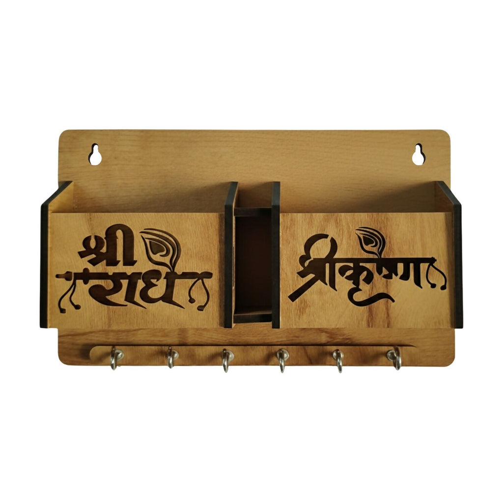 Wooden Wall Mounted Key Holder with Mobile Stand & 6 Hooks