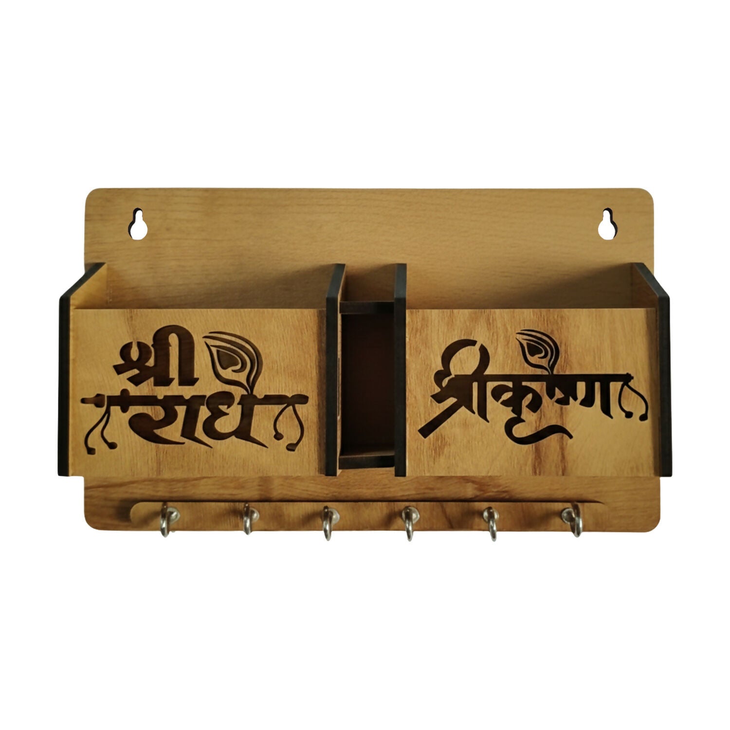 Wooden Wall Mounted Key Holder with Mobile Stand & 6 Hooks