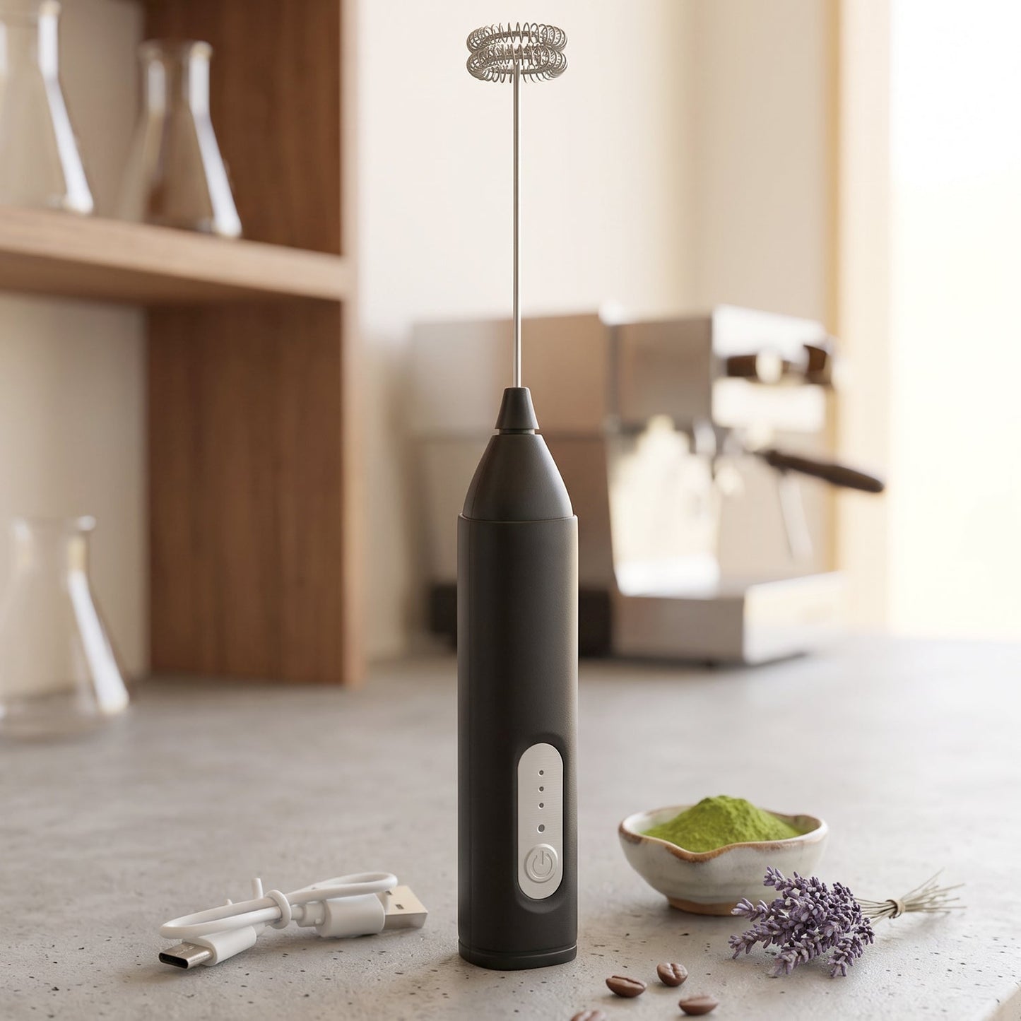 A black handheld electric frother stands on a counter with a USB cable, a bowl of green powder, and lavender sprigs nearby.