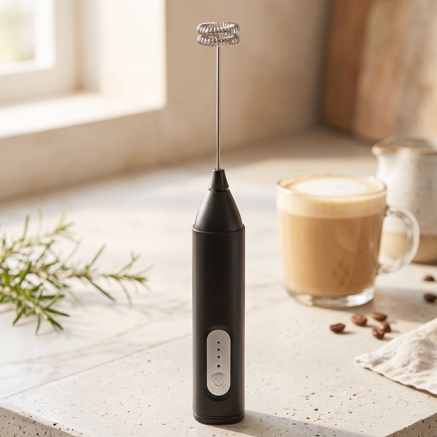 A black handheld electric milk frother stands on a light countertop with a latte in a glass mug and coffee beans in the