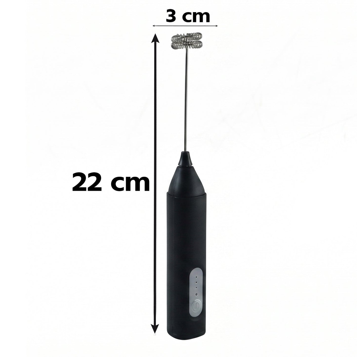 A black handheld electric milk frother is shown with white text indicating its total length of 22 cm and whisk width of 3 cm.
