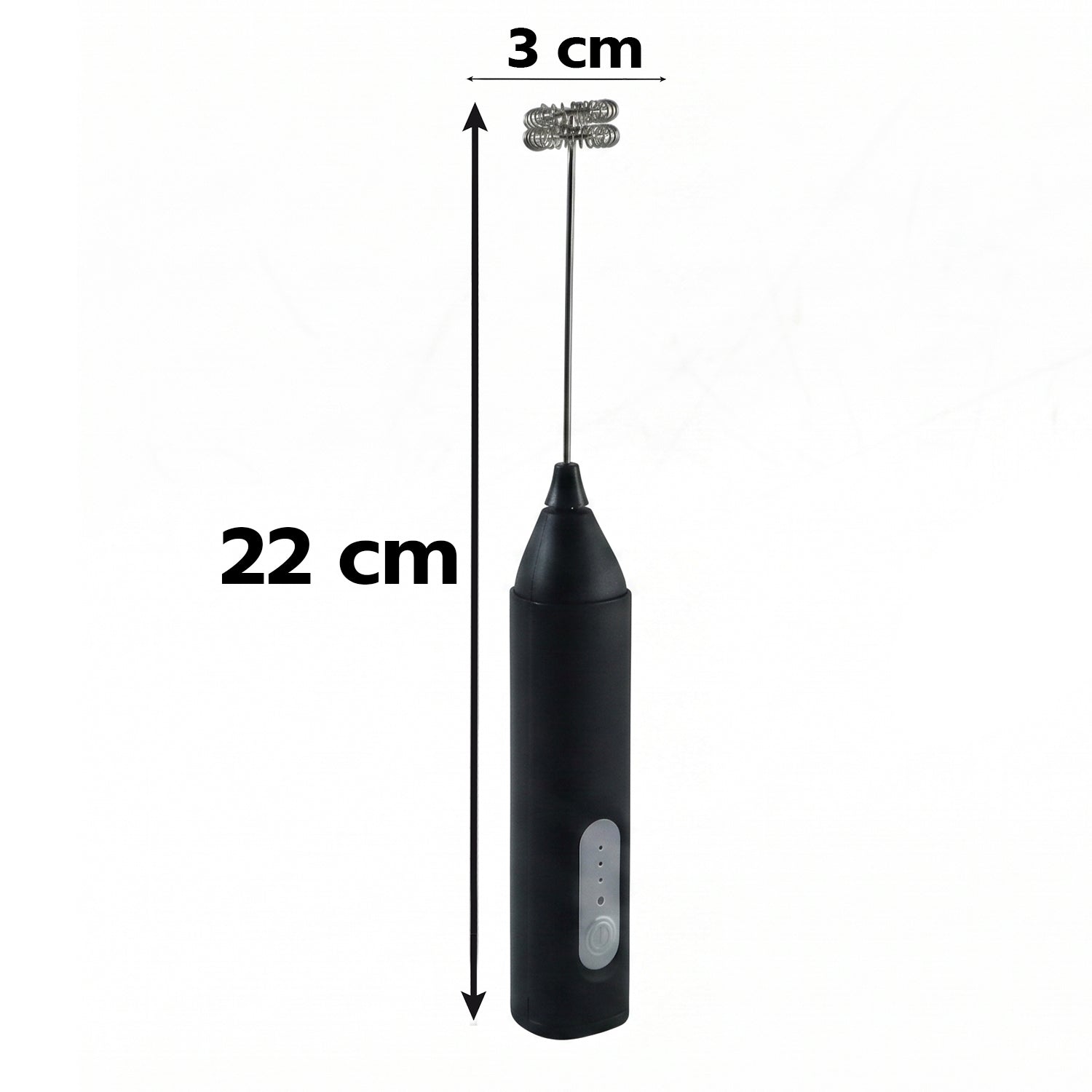 A black handheld electric milk frother is shown with white text indicating its total length of 22 cm and whisk width of 3 cm.
