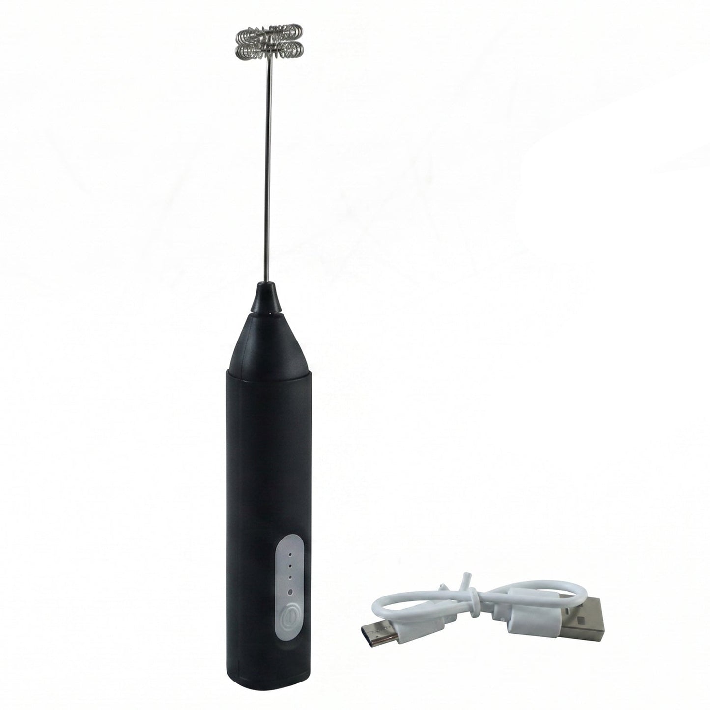 A black handheld electric milk frother with a double whisk head stands next to a coiled white USB charging cable on a white