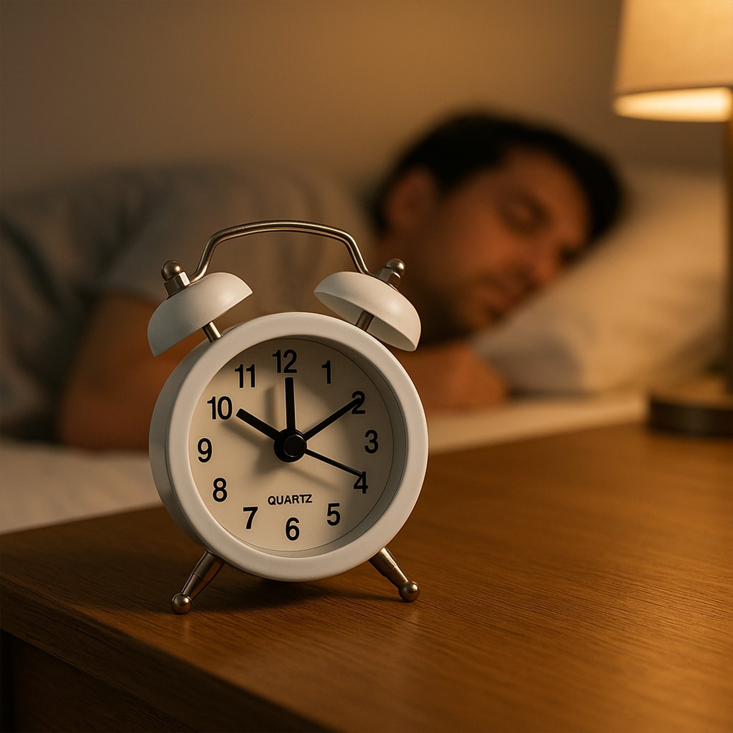 Twin-bell analog alarm clock enhancing a cozy home setting.
