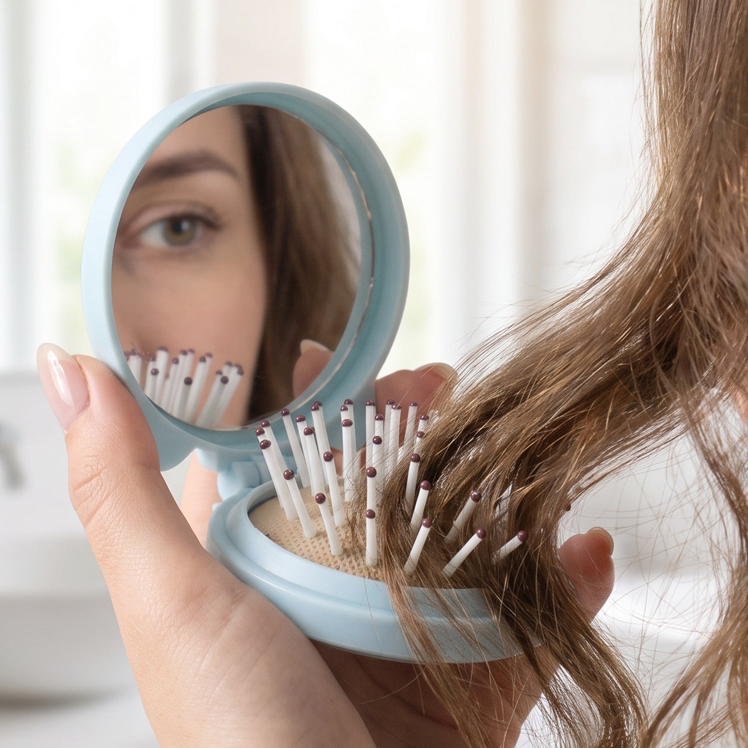 A woman's hand holds a light blue folding hairbrush with a mirror, reflecting her eye and the brush bristles, with brown