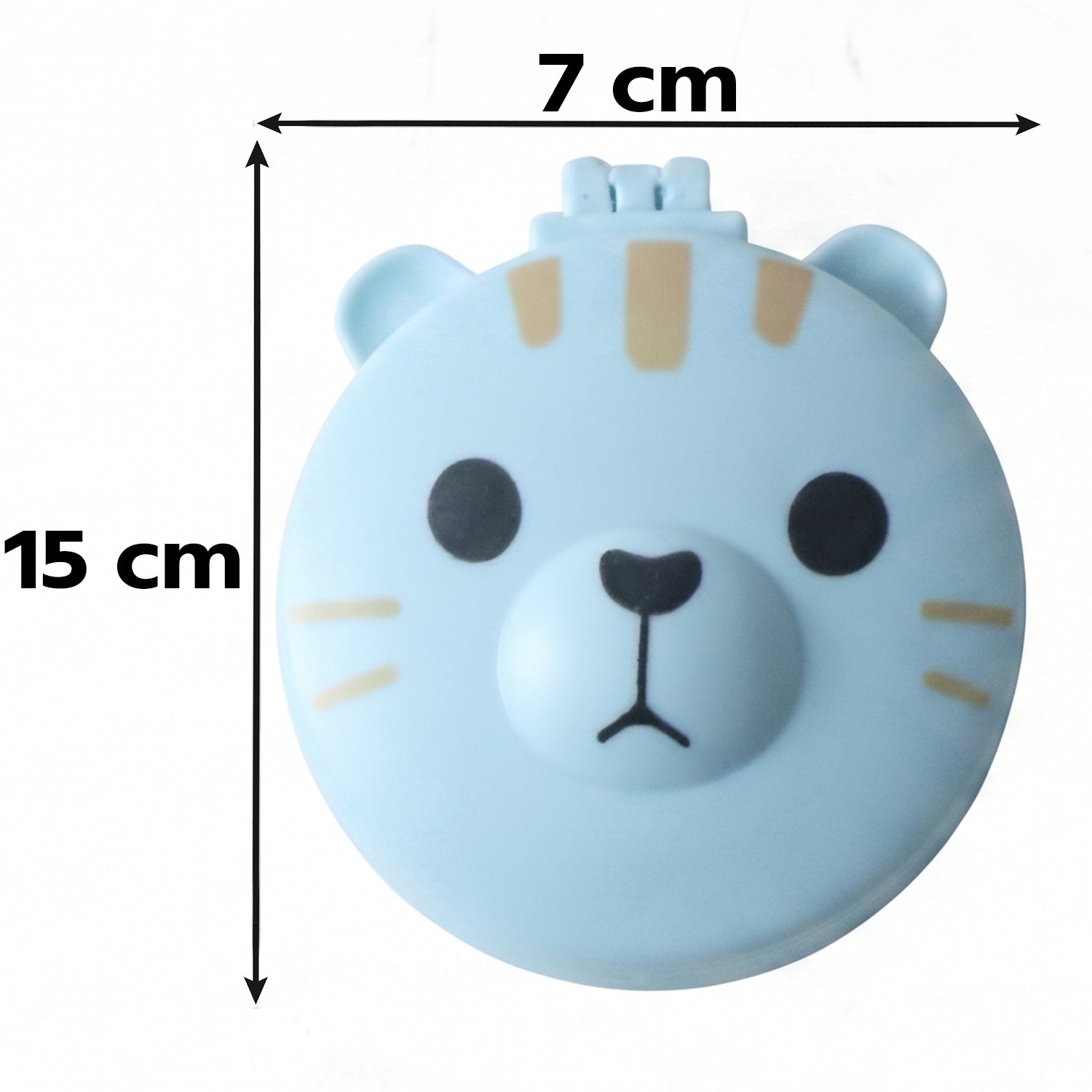 A light blue round folding hairbrush, closed, features a cartoon bear face with black eyes and nose, and tan stripes, with