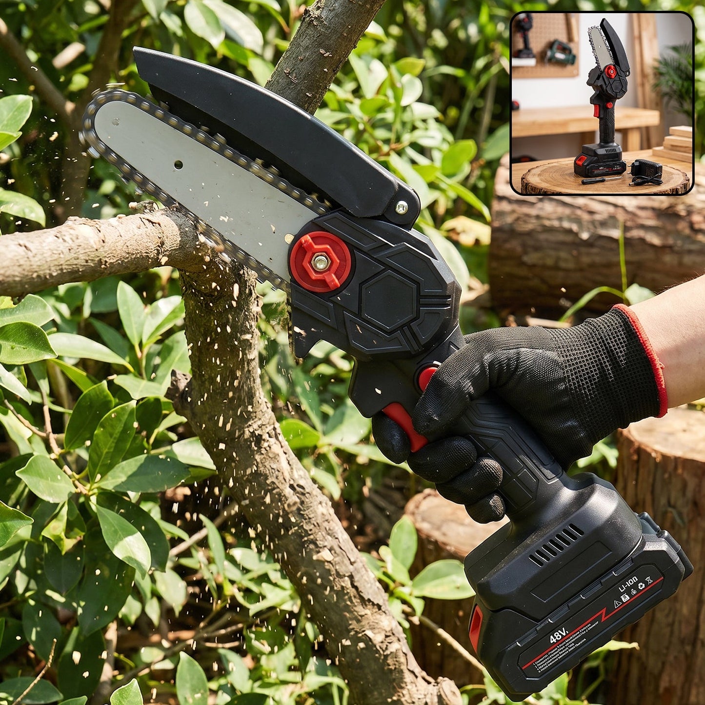 Gloved hand holding a black and red mini chainsaw cutting a tree branch outdoors.