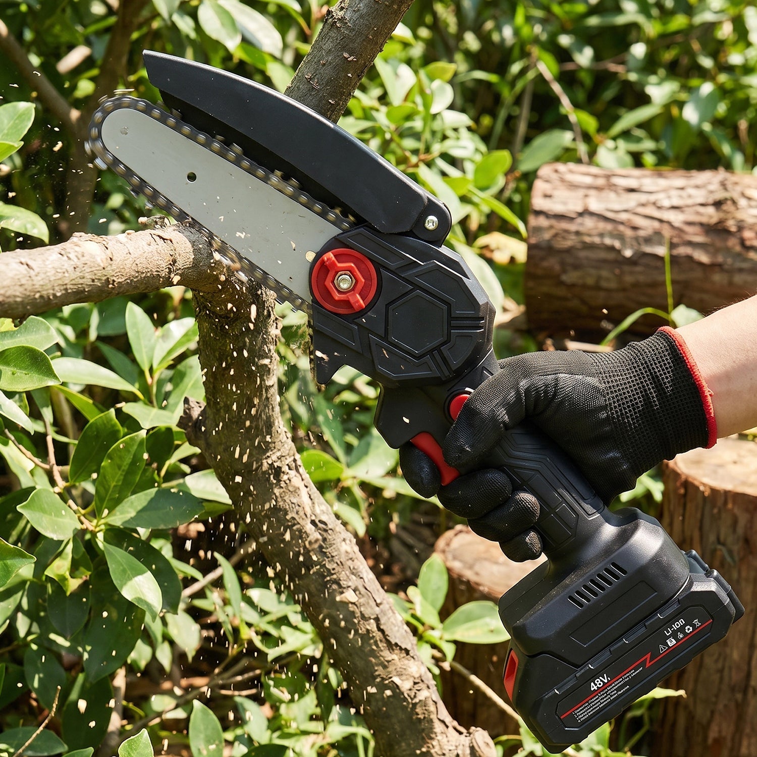 Black and red mini chainsaw with a 48V battery, charger, and screwdriver on a white background.