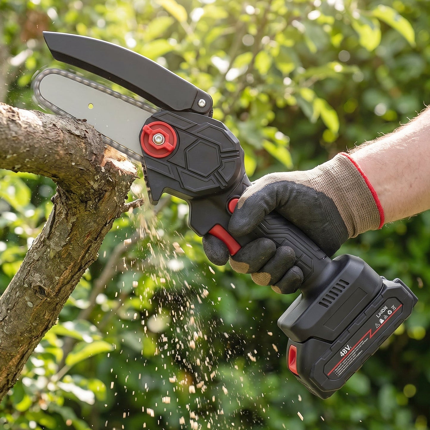 All components of the mini chainsaw kit, including the tool, battery, charger, and chain, laid out with its box.