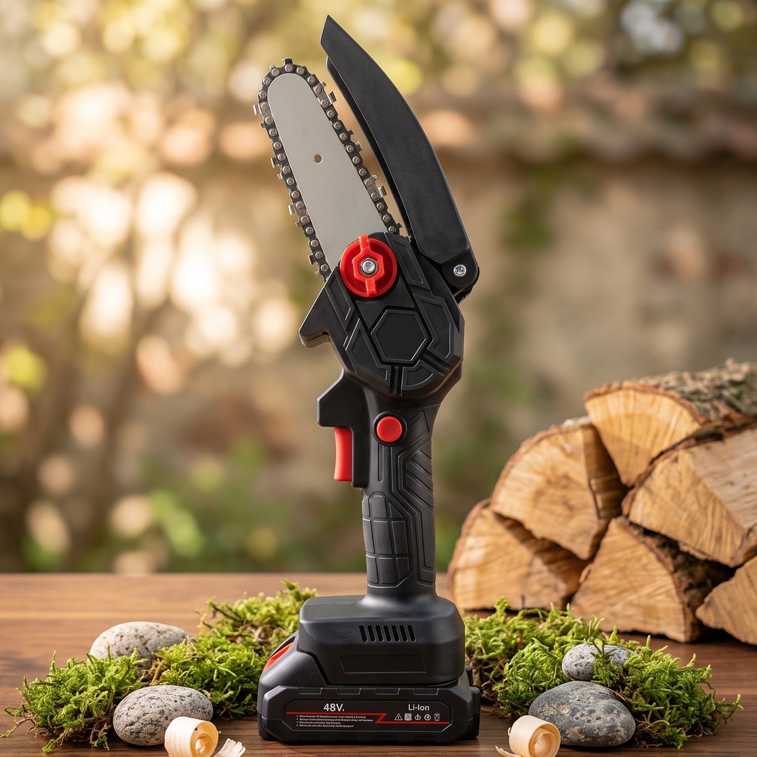 Gloved hand operating a black and red mini chainsaw, cutting a tree branch with wood chips flying.