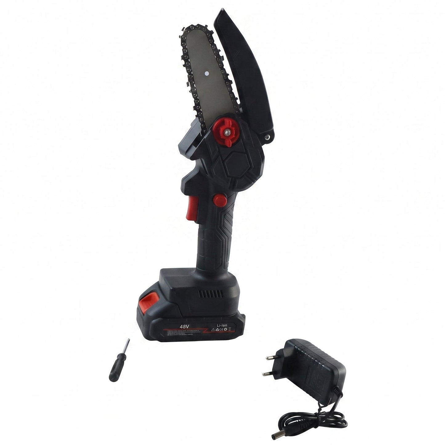 Black and red mini chainsaw with a 48V battery, charger, and screwdriver on a wooden slab.