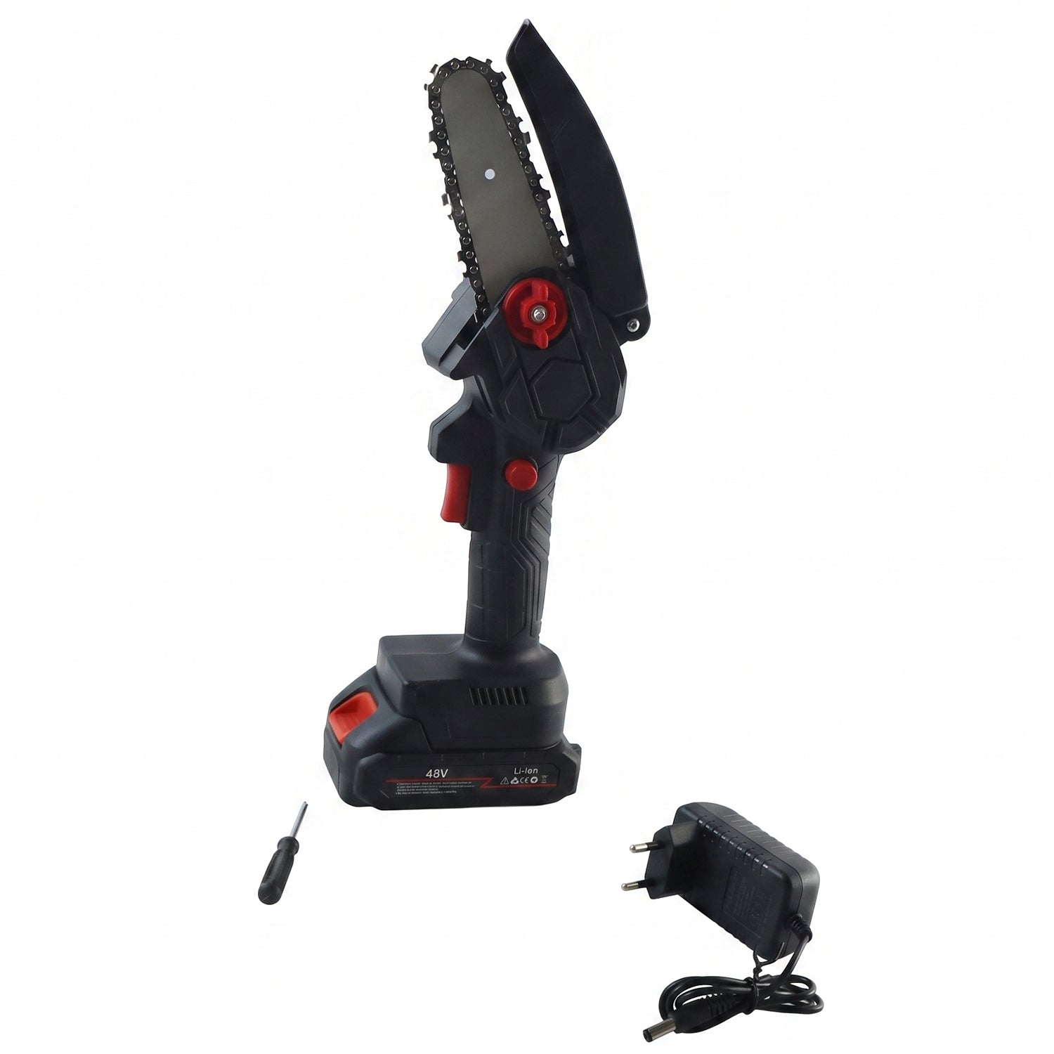 Black and red mini chainsaw with a 48V battery, charger, and screwdriver on a wooden slab.