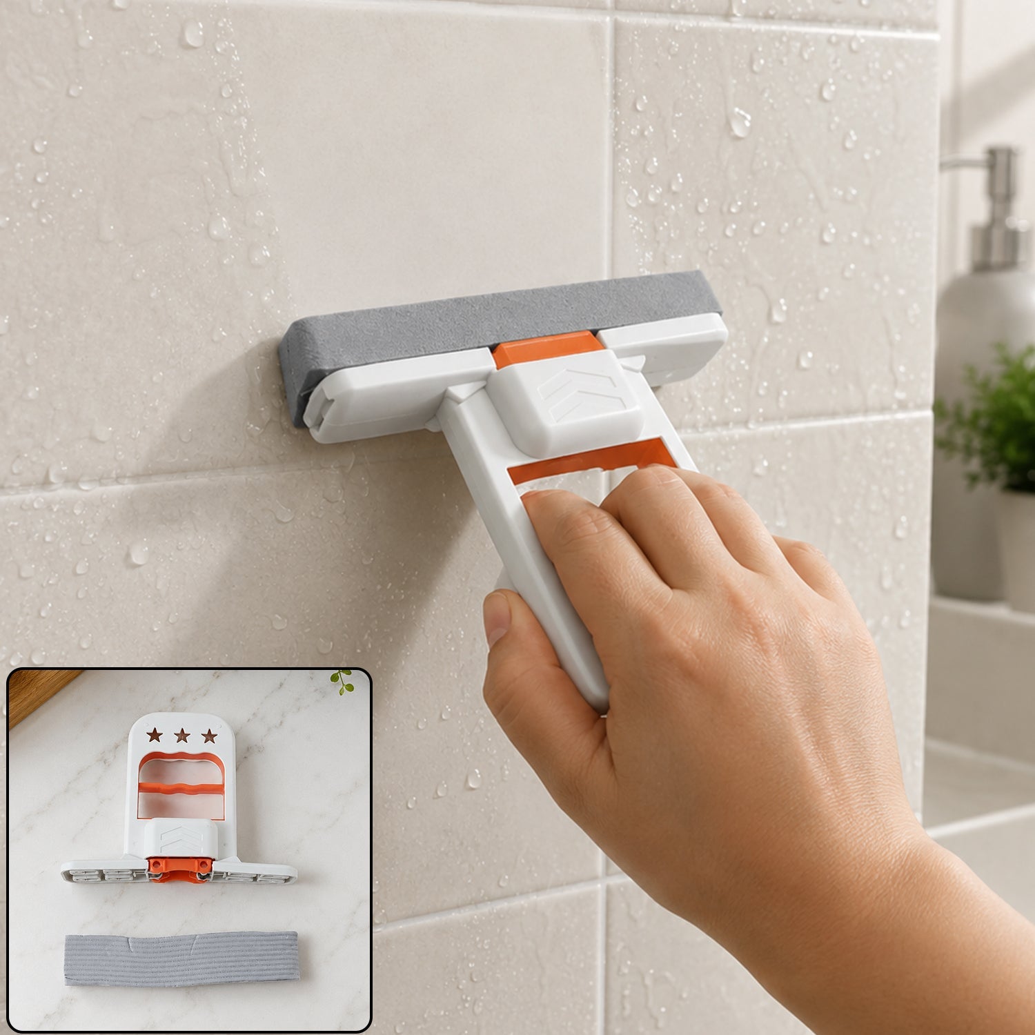 A hand holds a white and orange mini mop with a gray sponge, cleaning a tiled wall with water droplets.