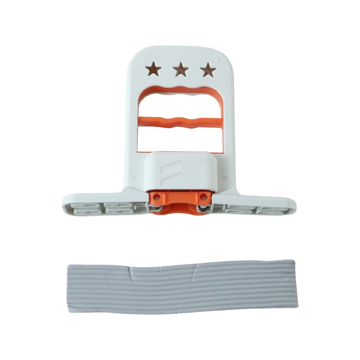 The white and orange mini mop is disassembled on a white background, with the gray sponge separate.