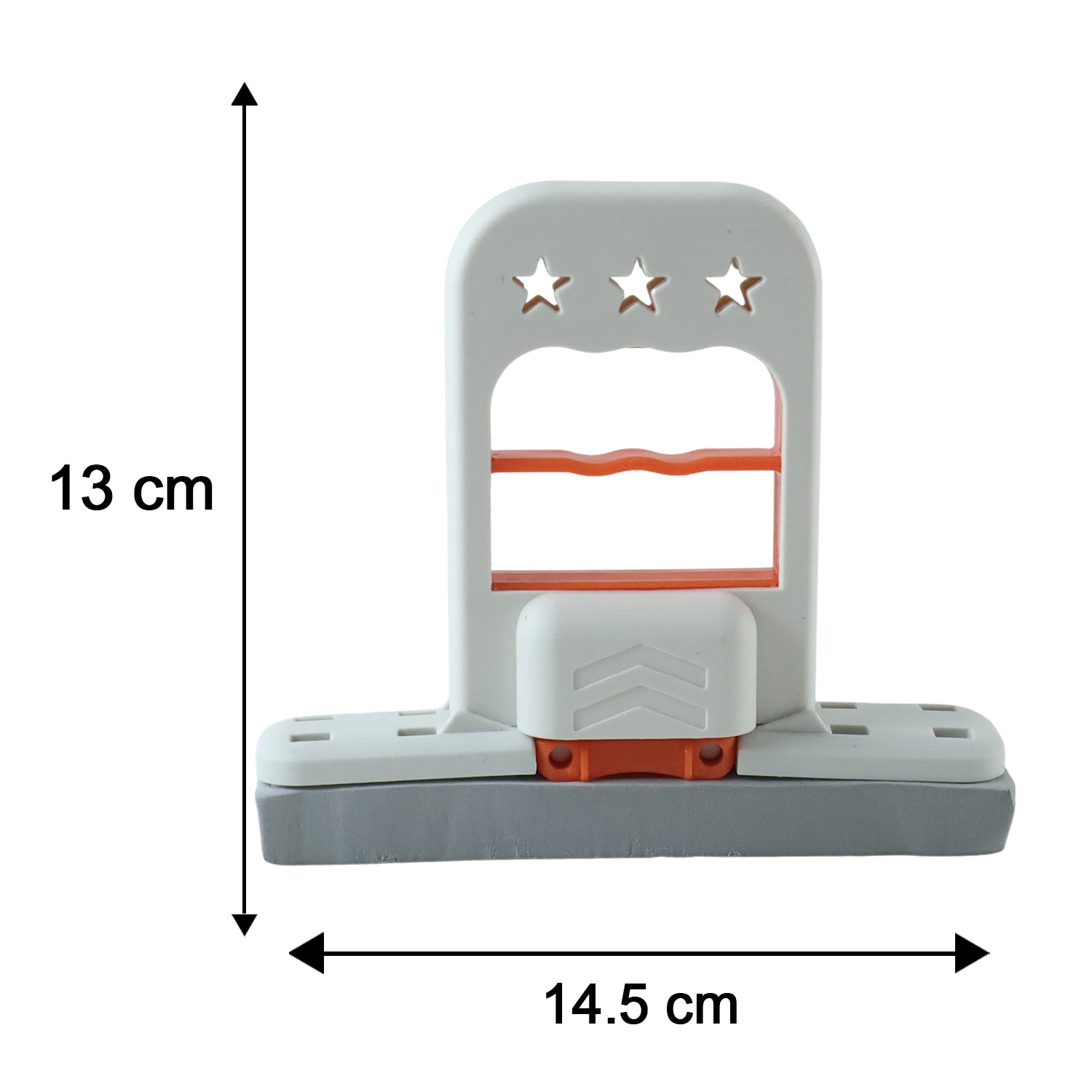 A white and orange mini mop with a gray sponge is shown with dimensions: 13 cm tall and 14.5 cm wide.