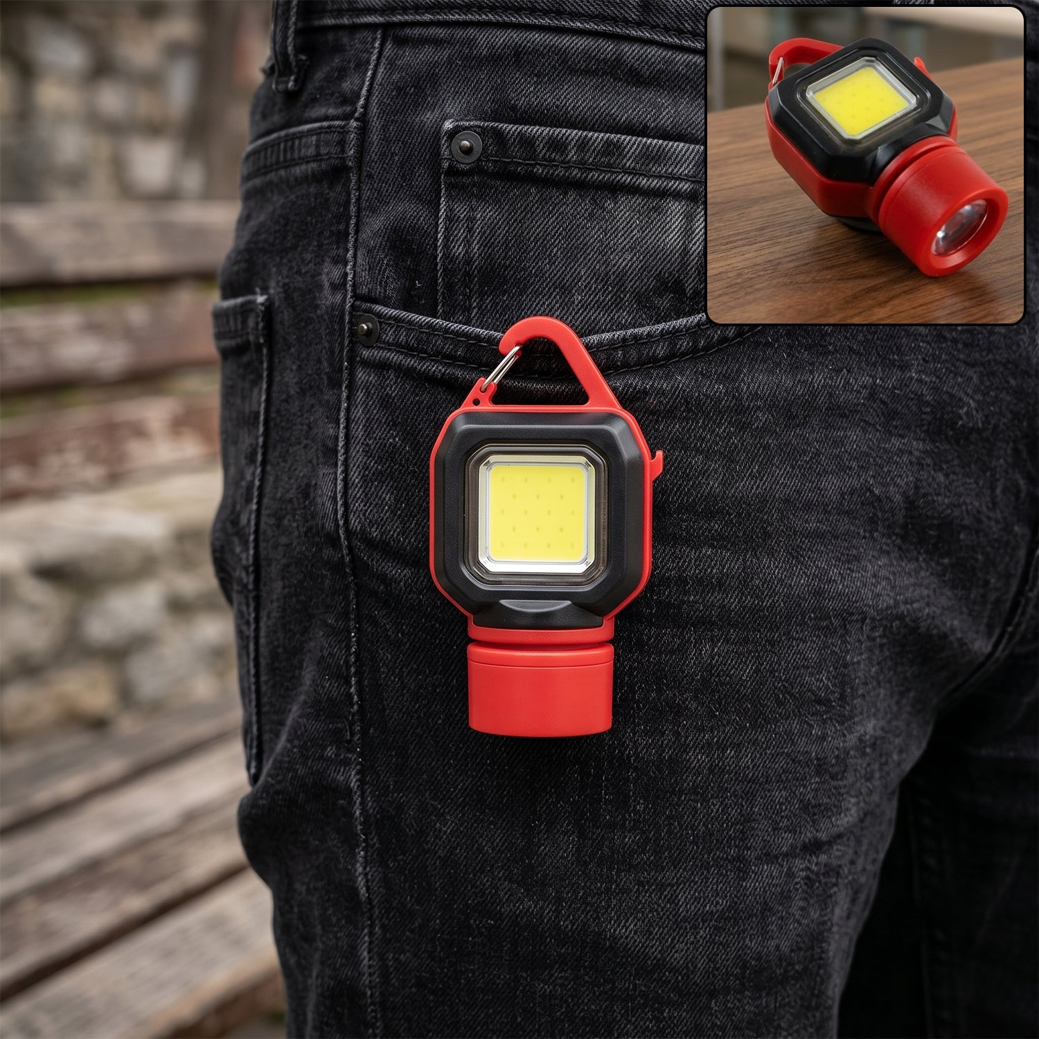 Red and black mini LED flashlight with a carabiner clip attached to a black jeans pocket.