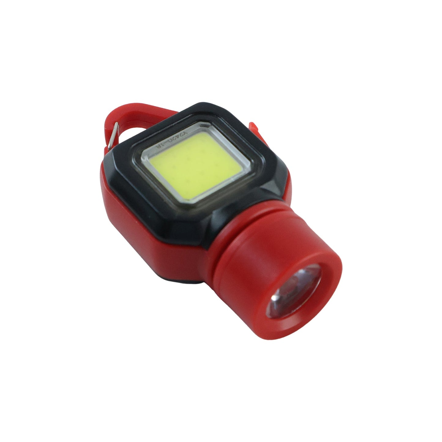 A red and black mini LED flashlight with a carabiner clip on a white background.