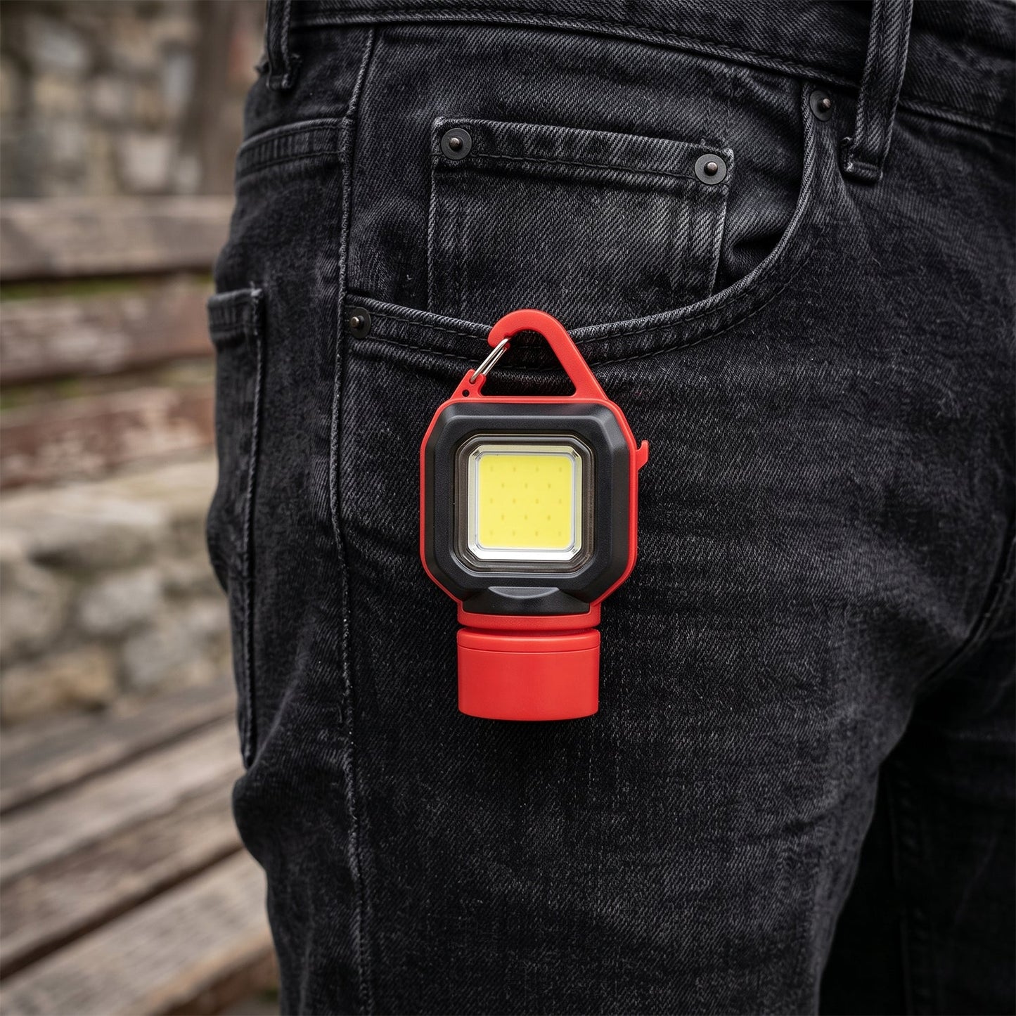 Red and black mini LED flashlight with a carabiner clip attached to a black jeans pocket, with a small inset showing the
